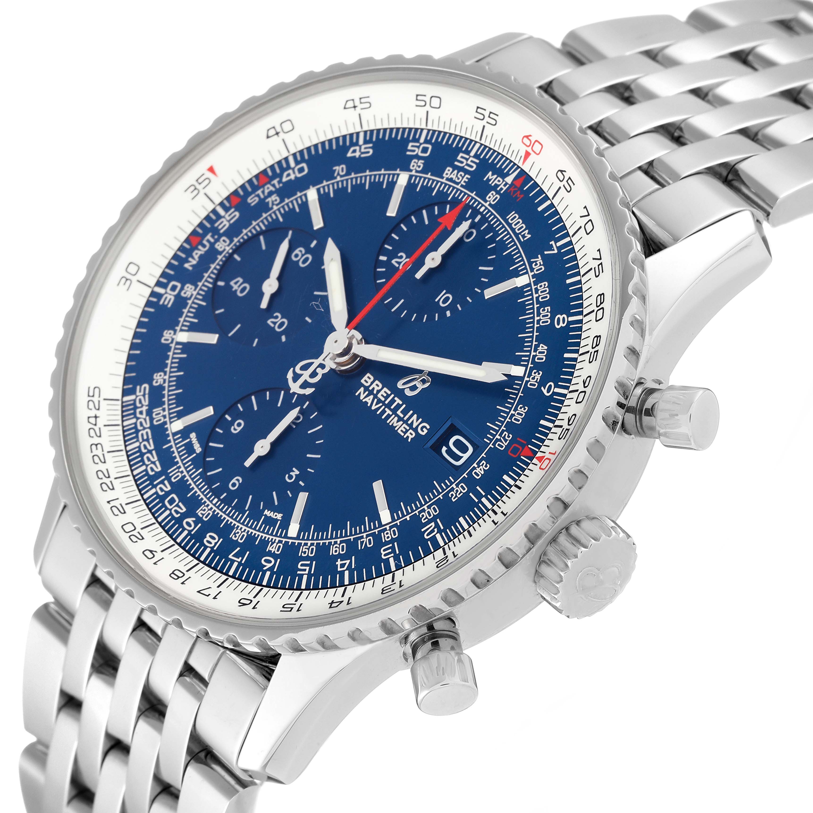 The image shows a close-up angle of a Breitling Navitimer A13324 Men
s Stainless Steel Blue Dial A13324 Men
s Stainless Steel Blue Dial watch featuring its blue dial, chronograph sub-dials, and silver-toned bracelet.