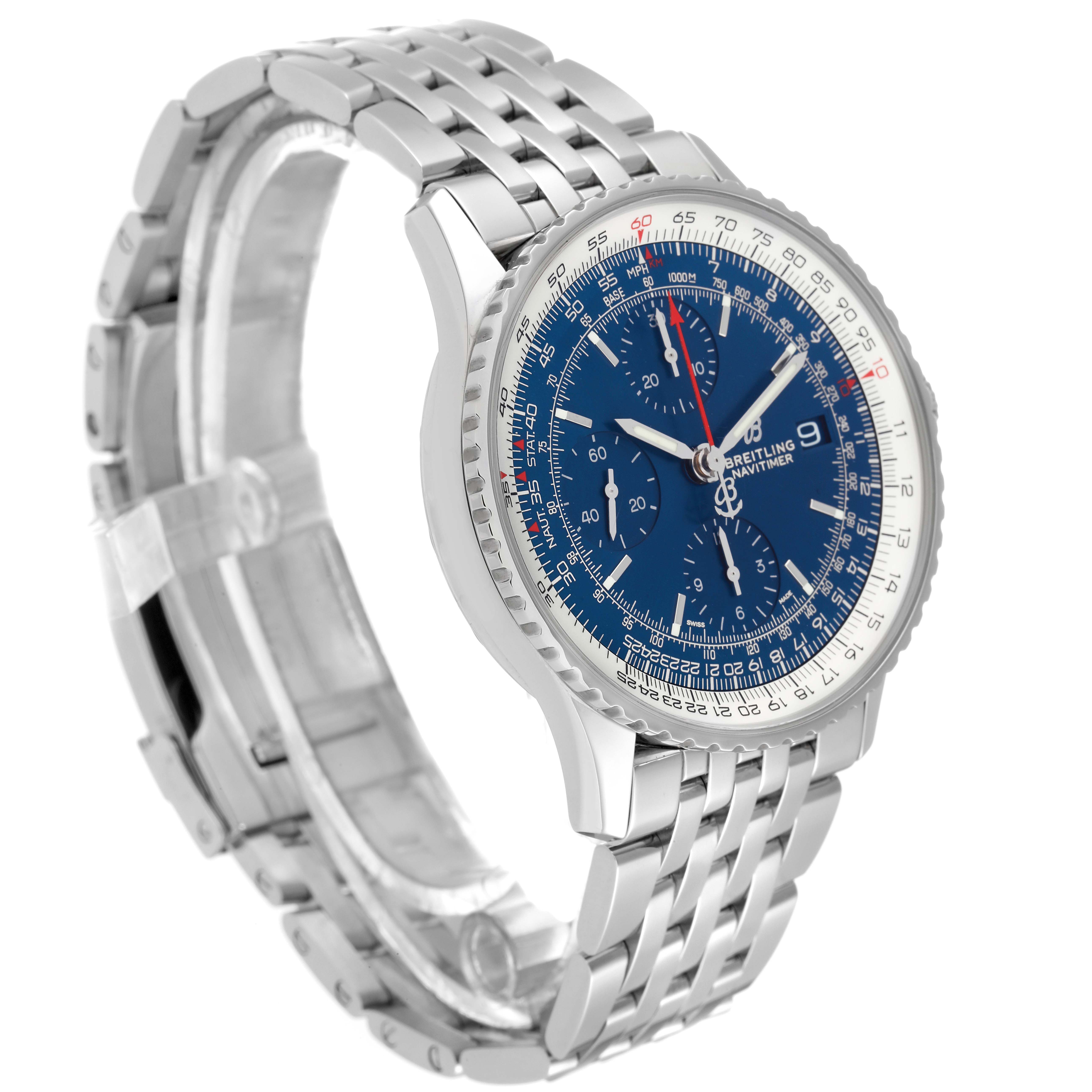 This Breitling Navitimer A13324 Men
s Stainless Steel Blue Dial A13324 Men
s Stainless Steel Blue Dial watch is shown at an oblique angle, displaying its blue dial, chronograph functions, and stainless steel bracelet.