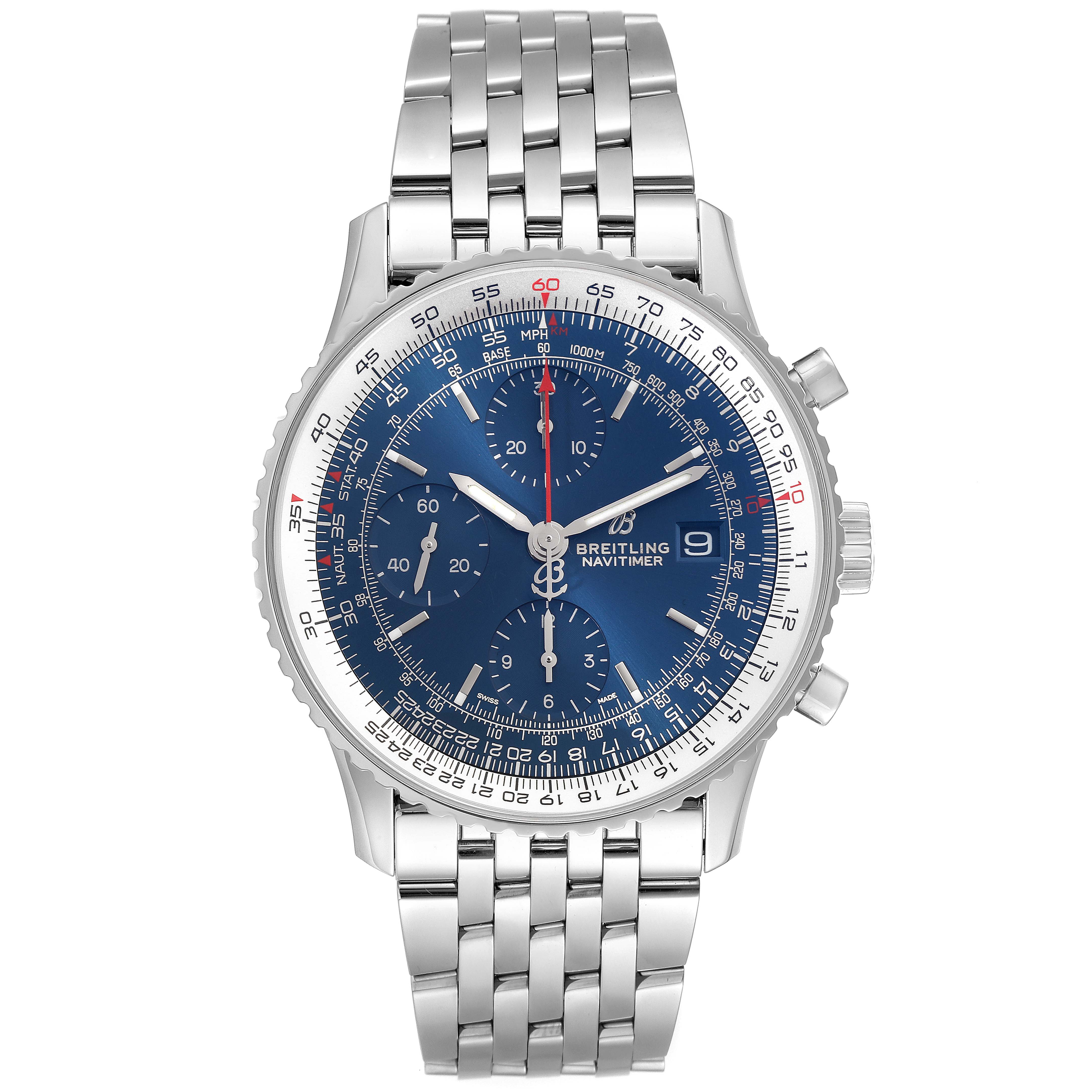 This image shows a front view of a Breitling Navitimer A13324 Men
s Stainless Steel Blue Dial A13324 Men
s Stainless Steel Blue Dial watch featuring a blue dial and stainless steel bracelet.