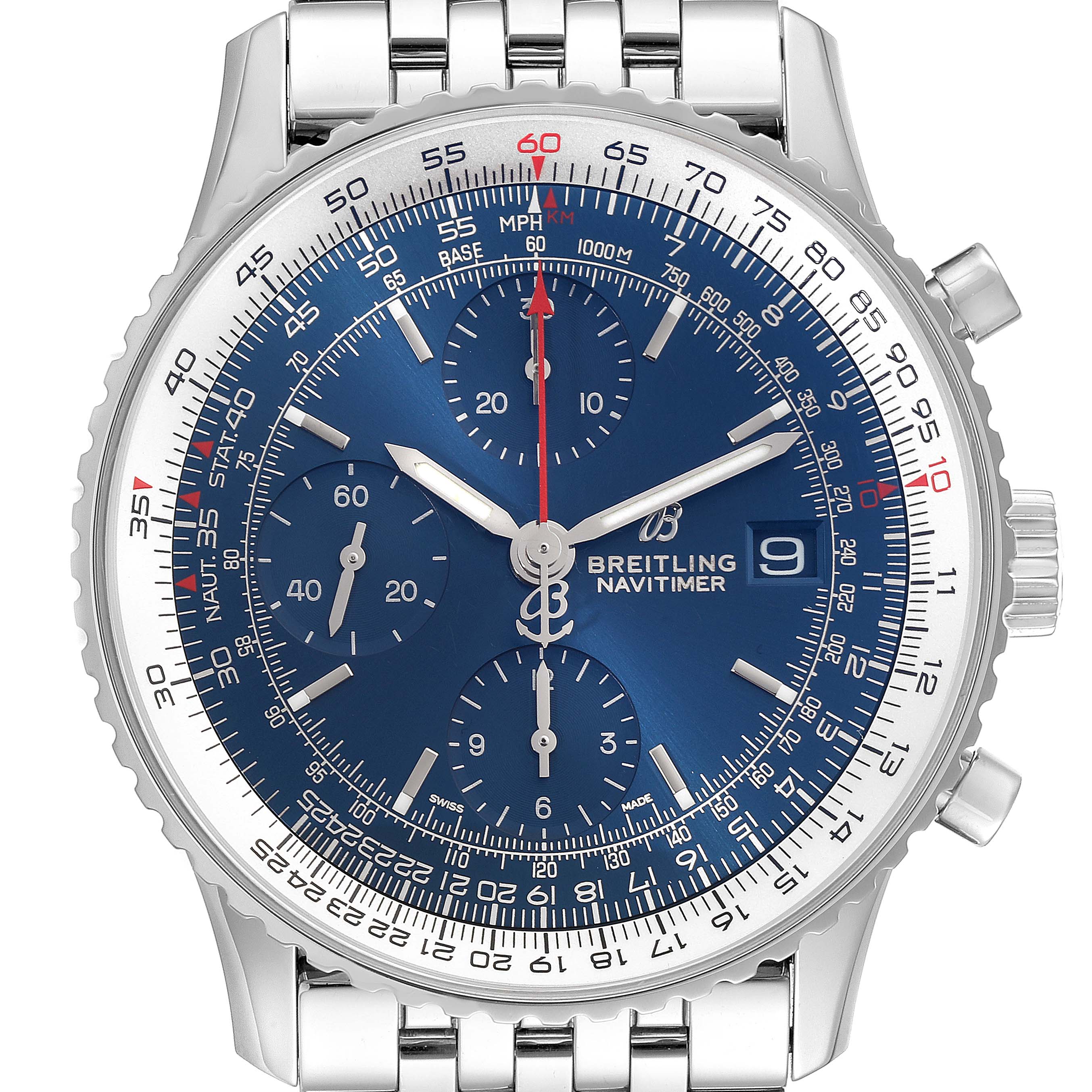 This image shows a front view of a Breitling Navitimer A13324 Men
s Stainless Steel Blue Dial A13324 Men
s Stainless Steel Blue Dial watch with a blue dial, three subdials, and a stainless steel bracelet.