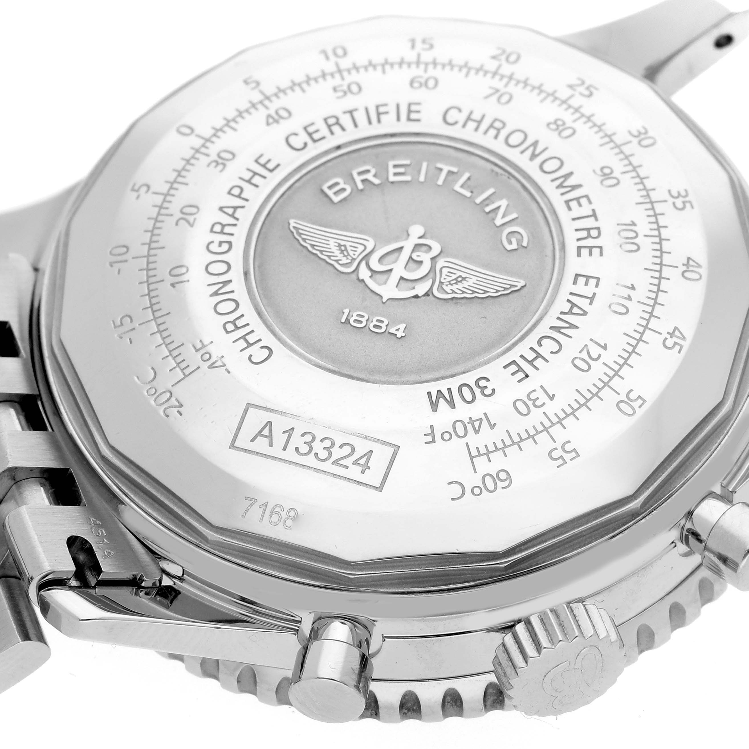 This image shows the back casing, crown, and part of the bracelet of a Breitling Navitimer A13324 Men's Stainless Steel Blue Dial A13324 Men's Stainless Steel Blue Dial watch.