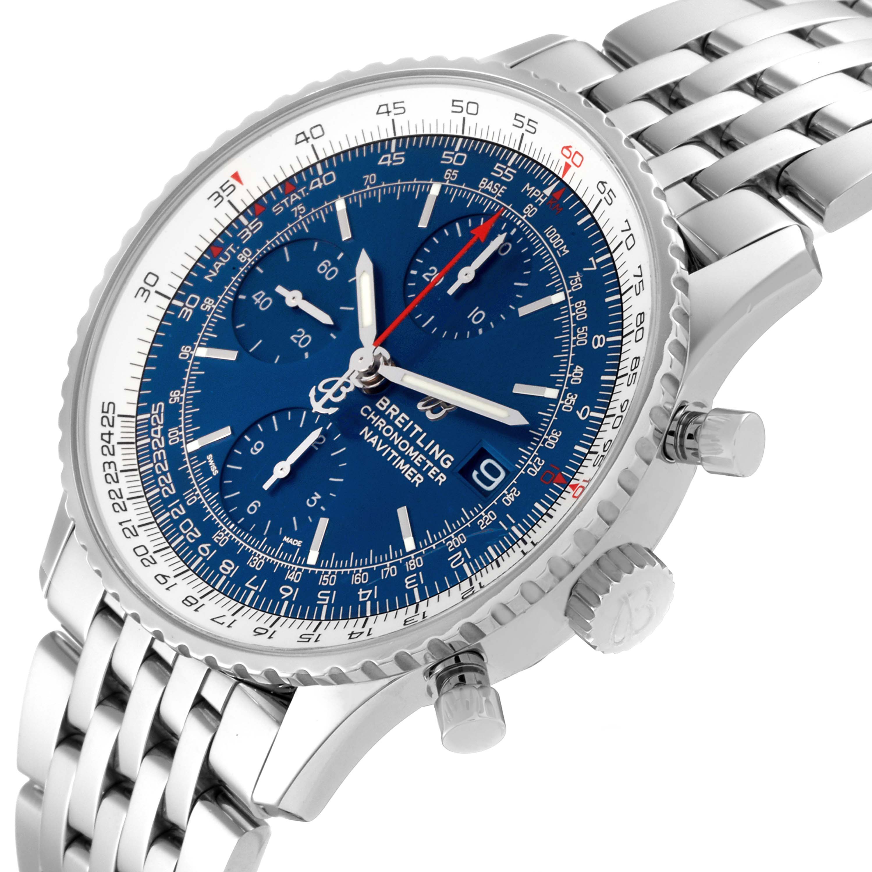 This image shows a close-up angle of the Breitling Navitimer A13324 Men's Stainless Steel Blue Dial A13324 Men's Stainless Steel Blue Dial watch face and part of its metal bracelet.