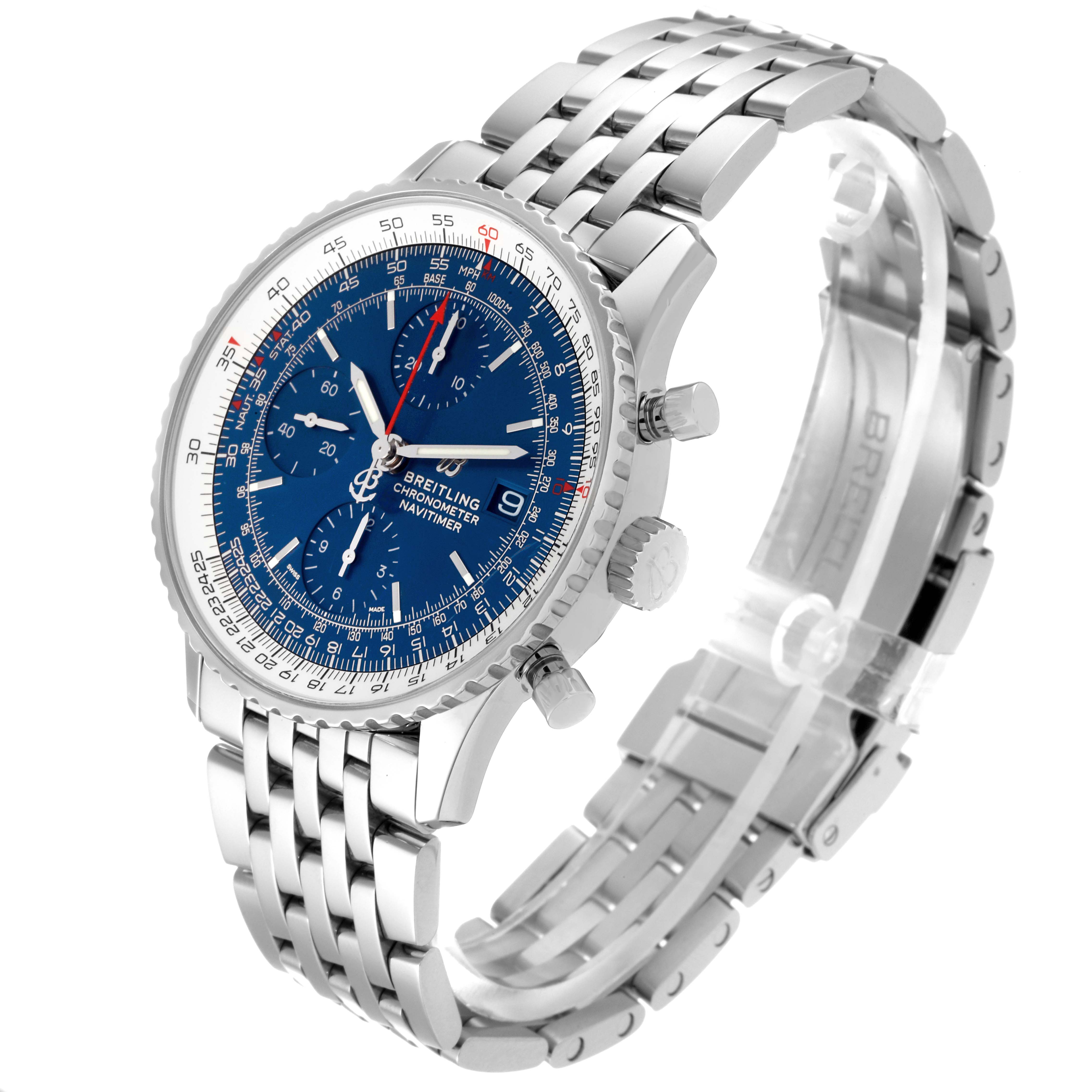 The Breitling Navitimer A13324 Men's Stainless Steel Blue Dial A13324 Men's Stainless Steel Blue Dial watch is shown at a slight angle, displaying its blue dial, bezel, chronograph subdials, and stainless steel bracelet.