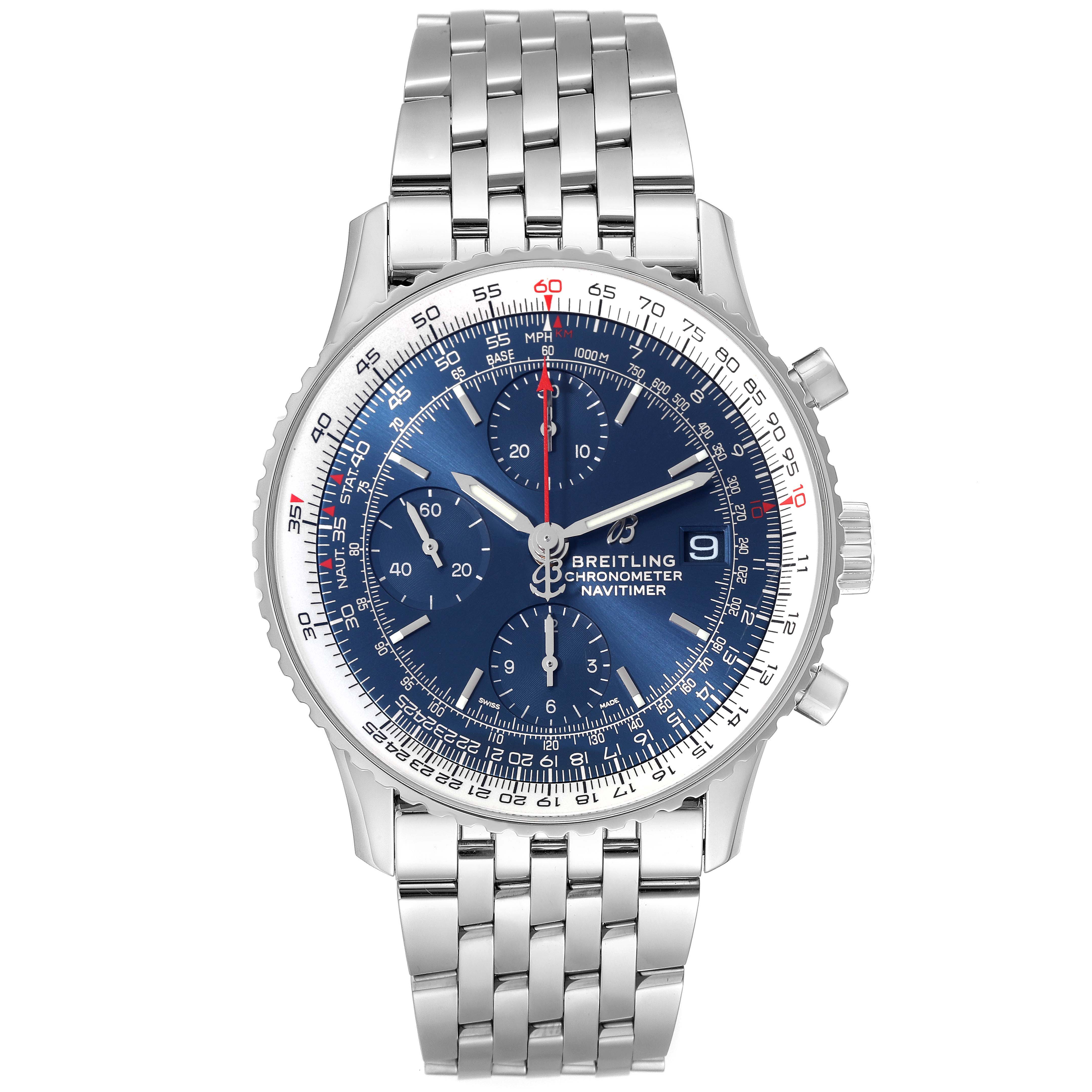 The image shows a front view of a Breitling Navitimer A13324 Men's Stainless Steel Blue Dial A13324 Men's Stainless Steel Blue Dial watch, featuring its blue dial, chronograph, and stainless steel bracelet.