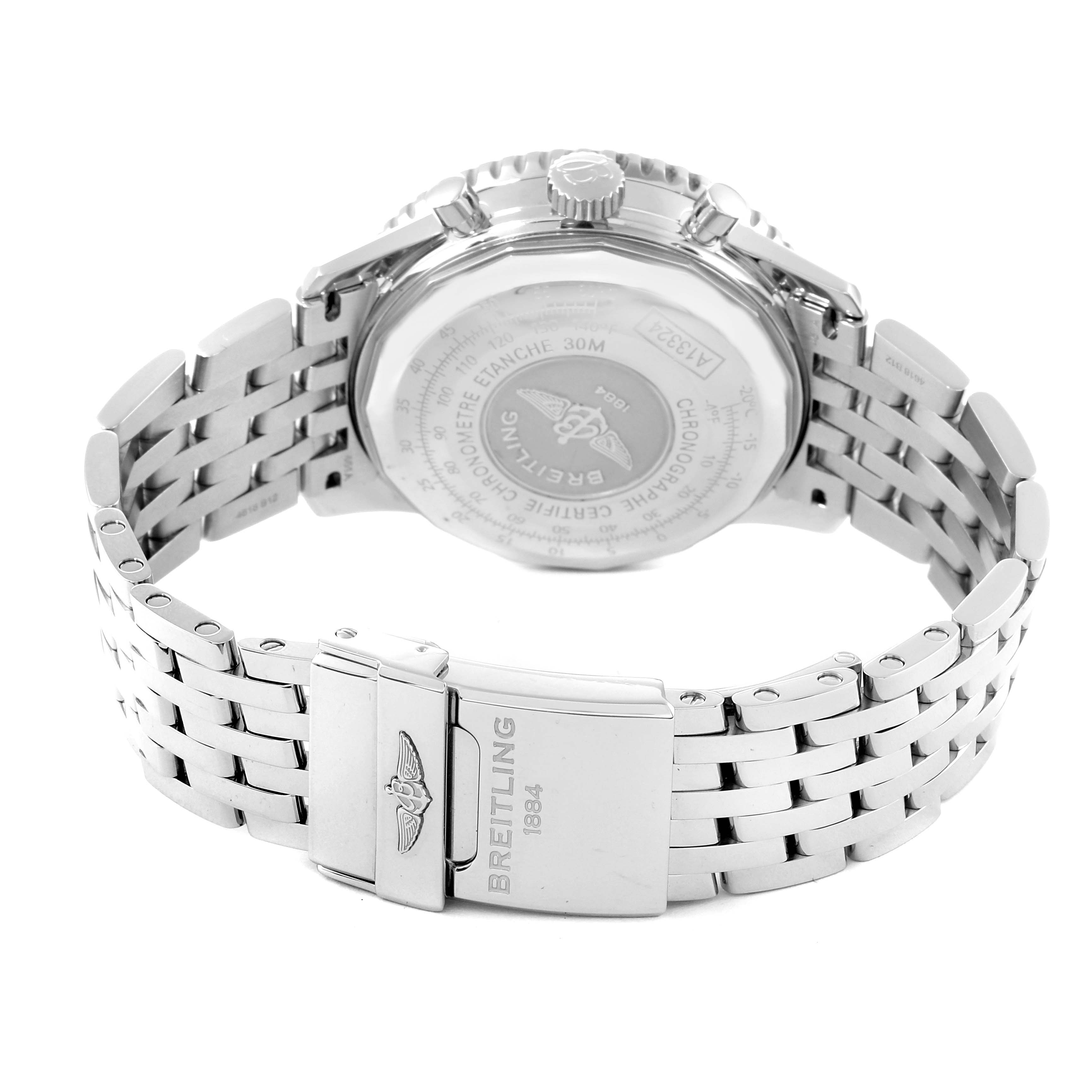 This image shows the back case and stainless steel bracelet of a Breitling Navitimer A13324 Men's Stainless Steel Blue Dial A13324 Men's Stainless Steel Blue Dial watch.
