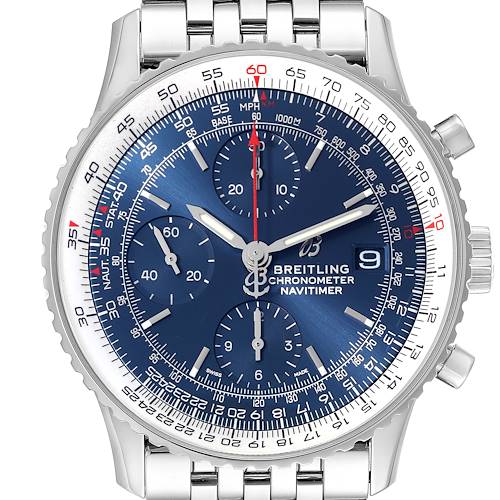 The Breitling Navitimer watch is shown from a front angle, highlighting the dial, bezel, subdials, and part of the metal bracelet.