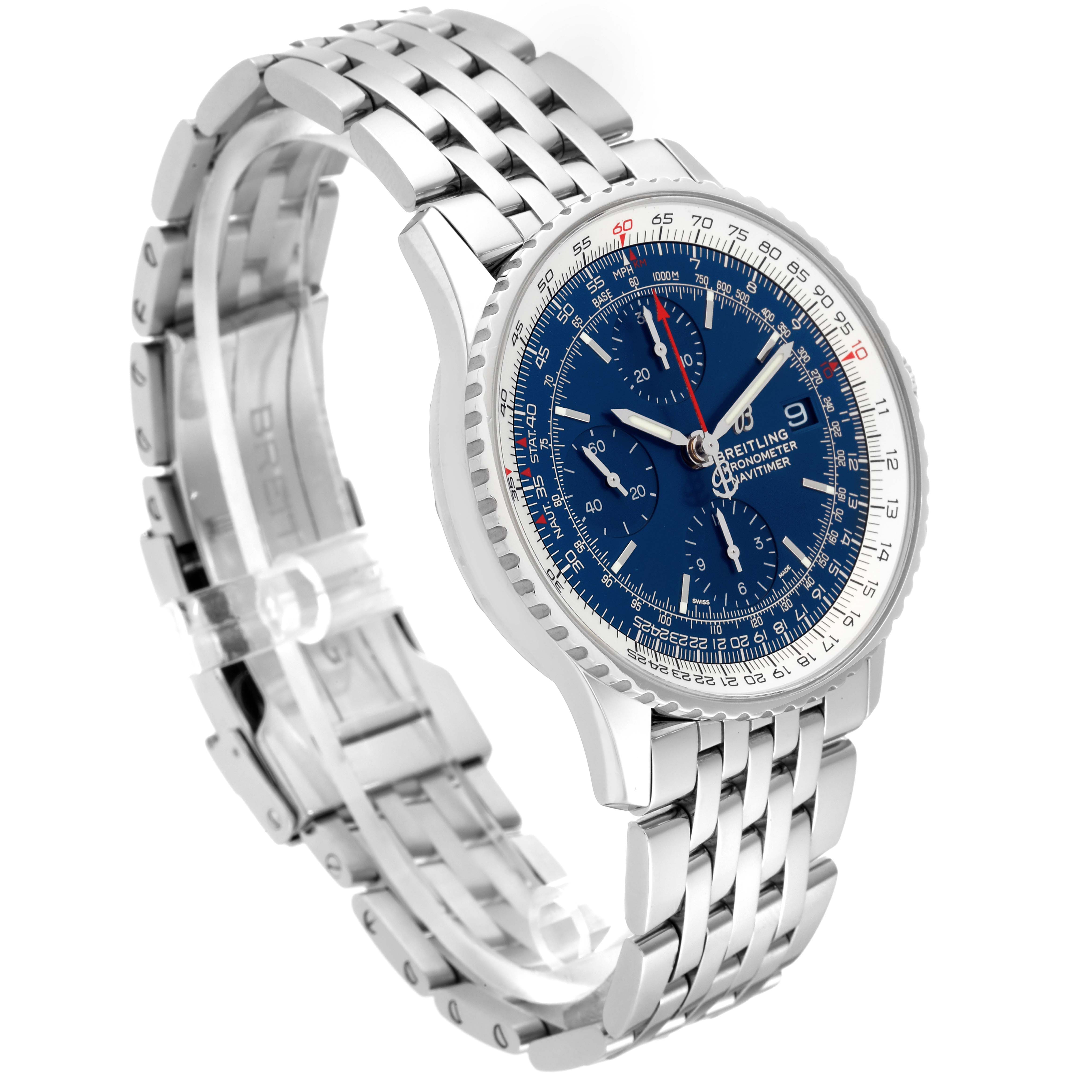 The image shows a Breitling Navitimer A13324 Men's Stainless Steel Blue Dial A13324 Men's Stainless Steel Blue Dial watch at an angled view, depicting the stainless steel bracelet and blue dial with chronograph subdials.
