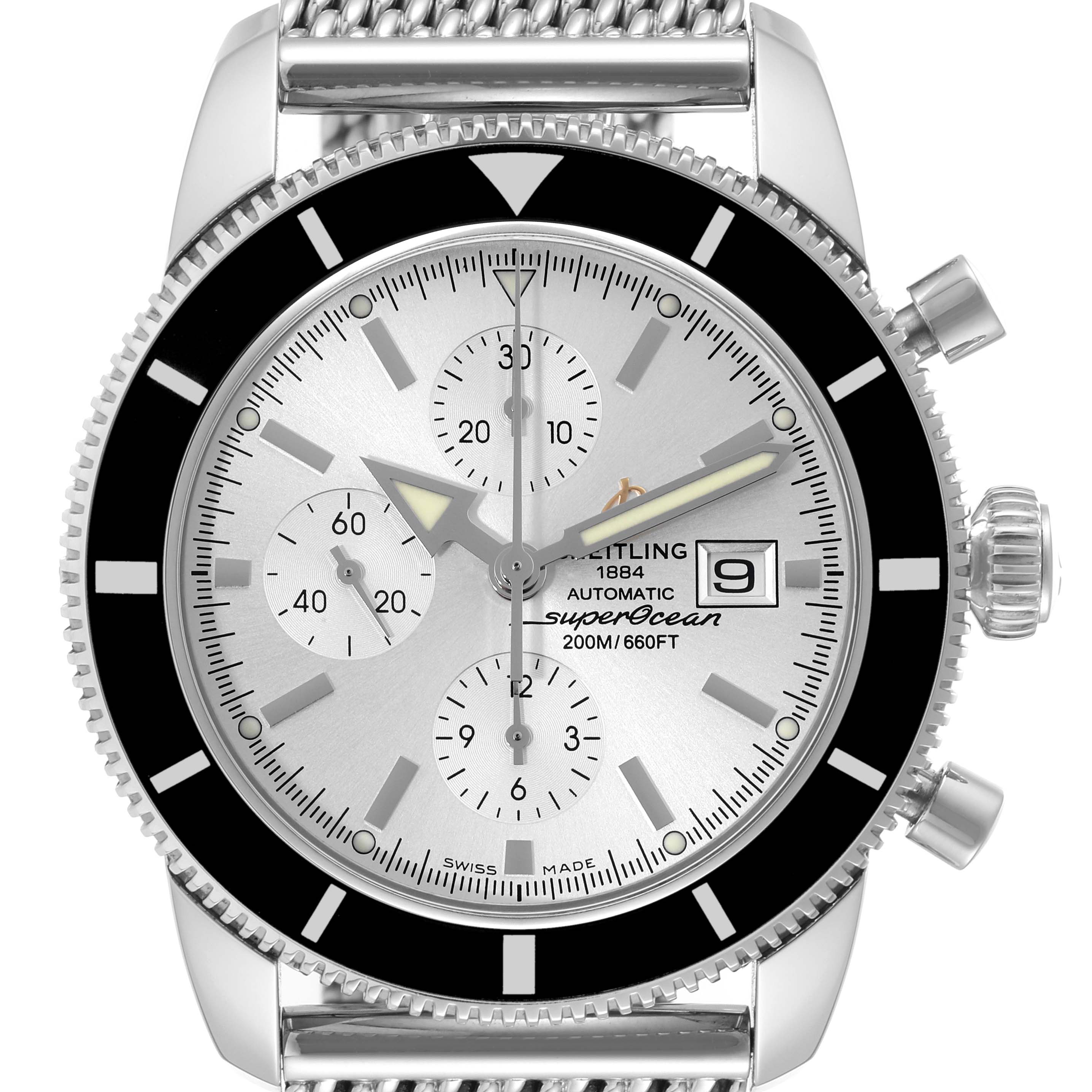 The image shows a frontal view of the Breitling Superocean A13320 Men's Stainless Steel Silver Dial A13320 Men's Stainless Steel Silver Dial watch, displaying the dial, bezel, crown, and part of the bracelet.