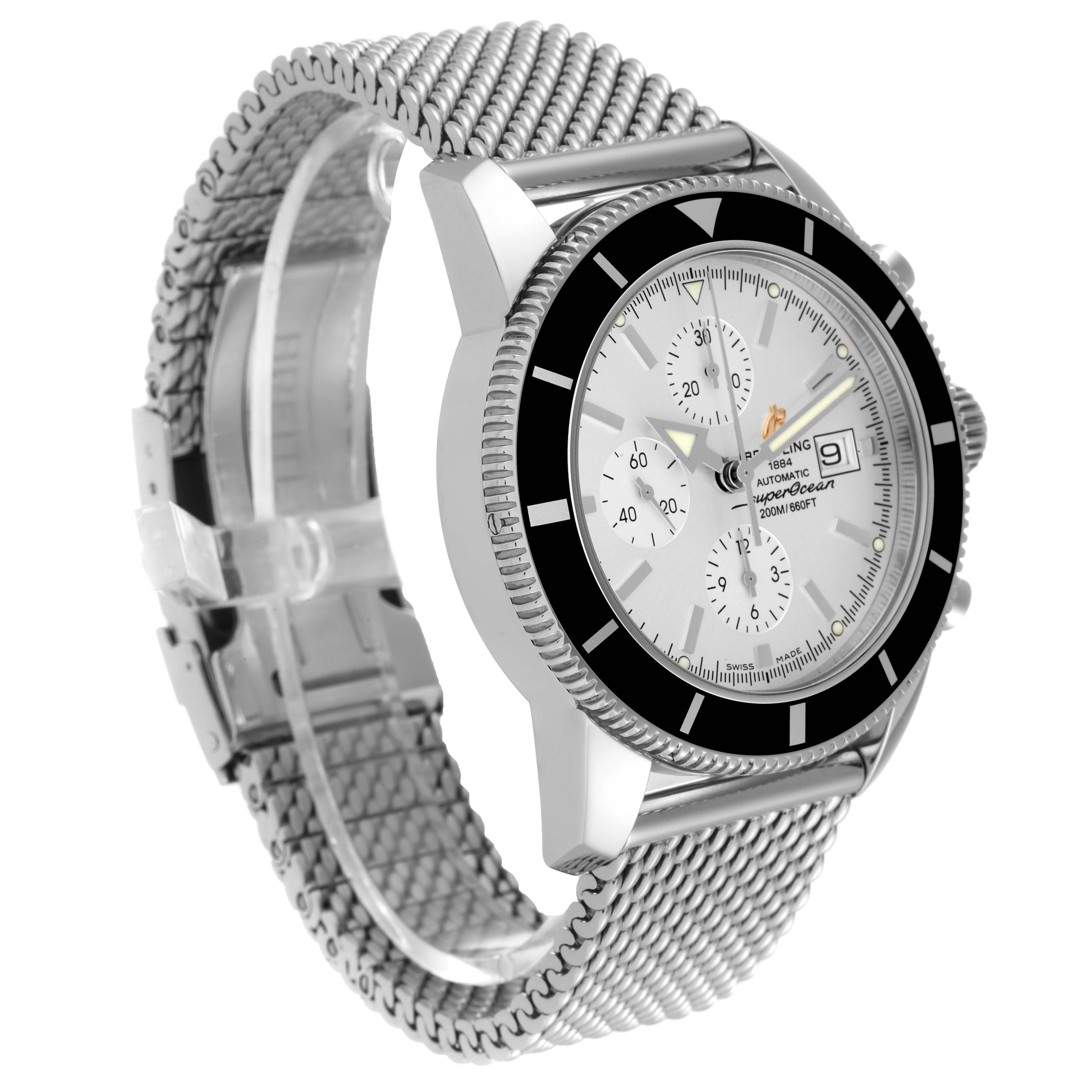 The Breitling Superocean A13320 Men's Stainless Steel Silver Dial A13320 Men's Stainless Steel Silver Dial watch is shown at a three-quarter angle, highlighting its face, bezel, and stainless steel mesh strap.
