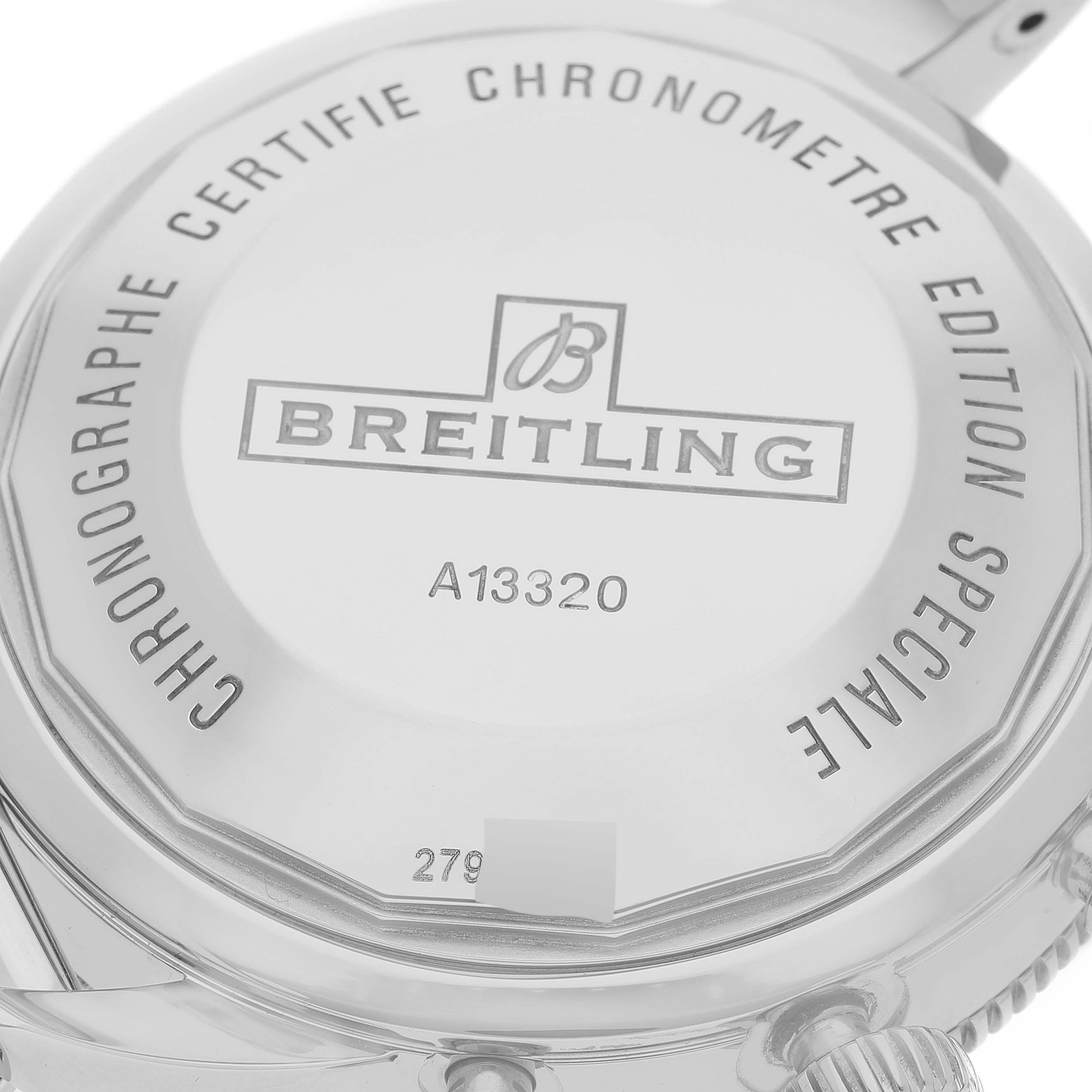 This image shows the case back of the Breitling Superocean A13320 Men's Stainless Steel Silver Dial A13320 Men's Stainless Steel Silver Dial Chronograph Edition Speciale model A13320.