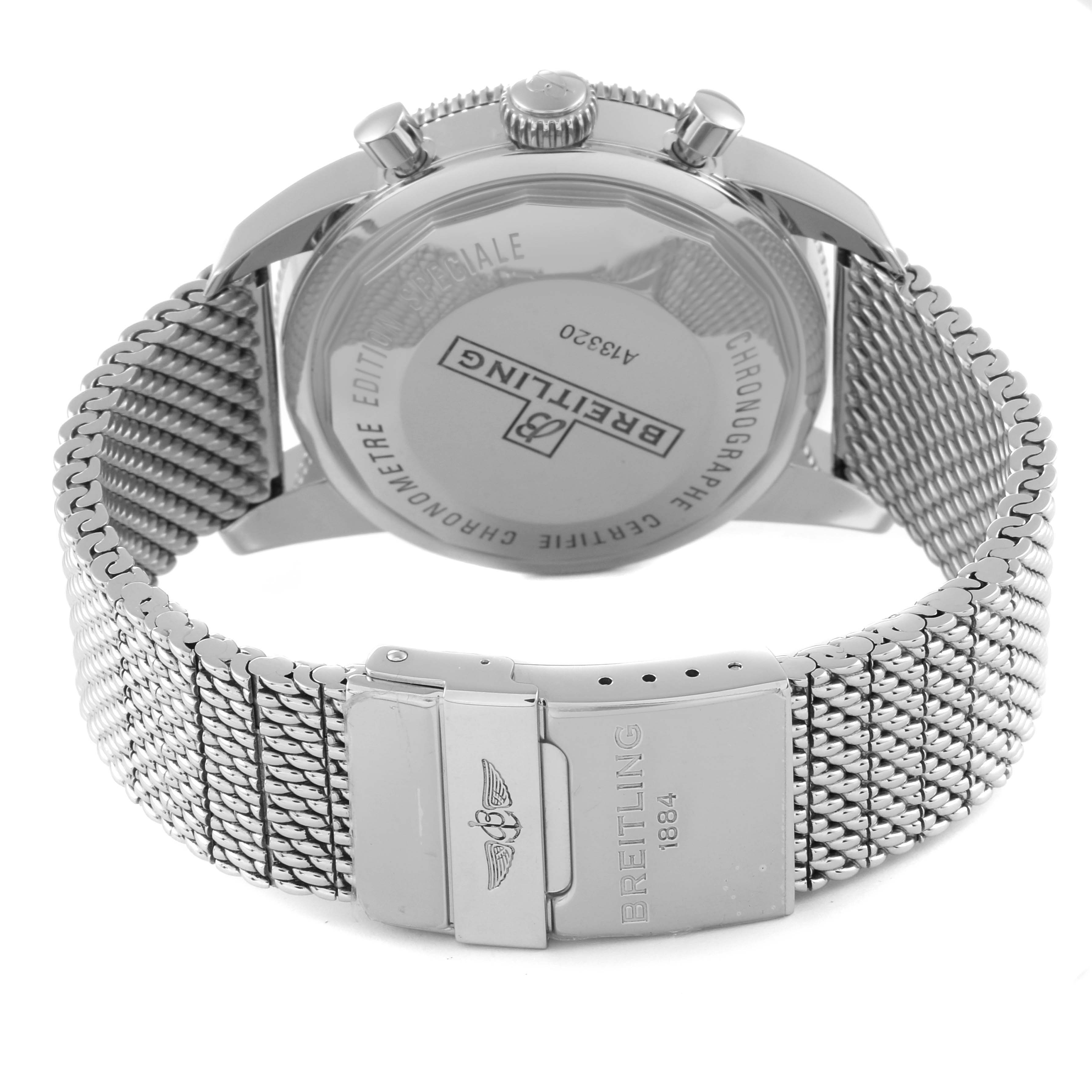 The image shows the back, clasp, and mesh bracelet of a Breitling Superocean A13320 Men's Stainless Steel Silver Dial A13320 Men's Stainless Steel Silver Dial watch.