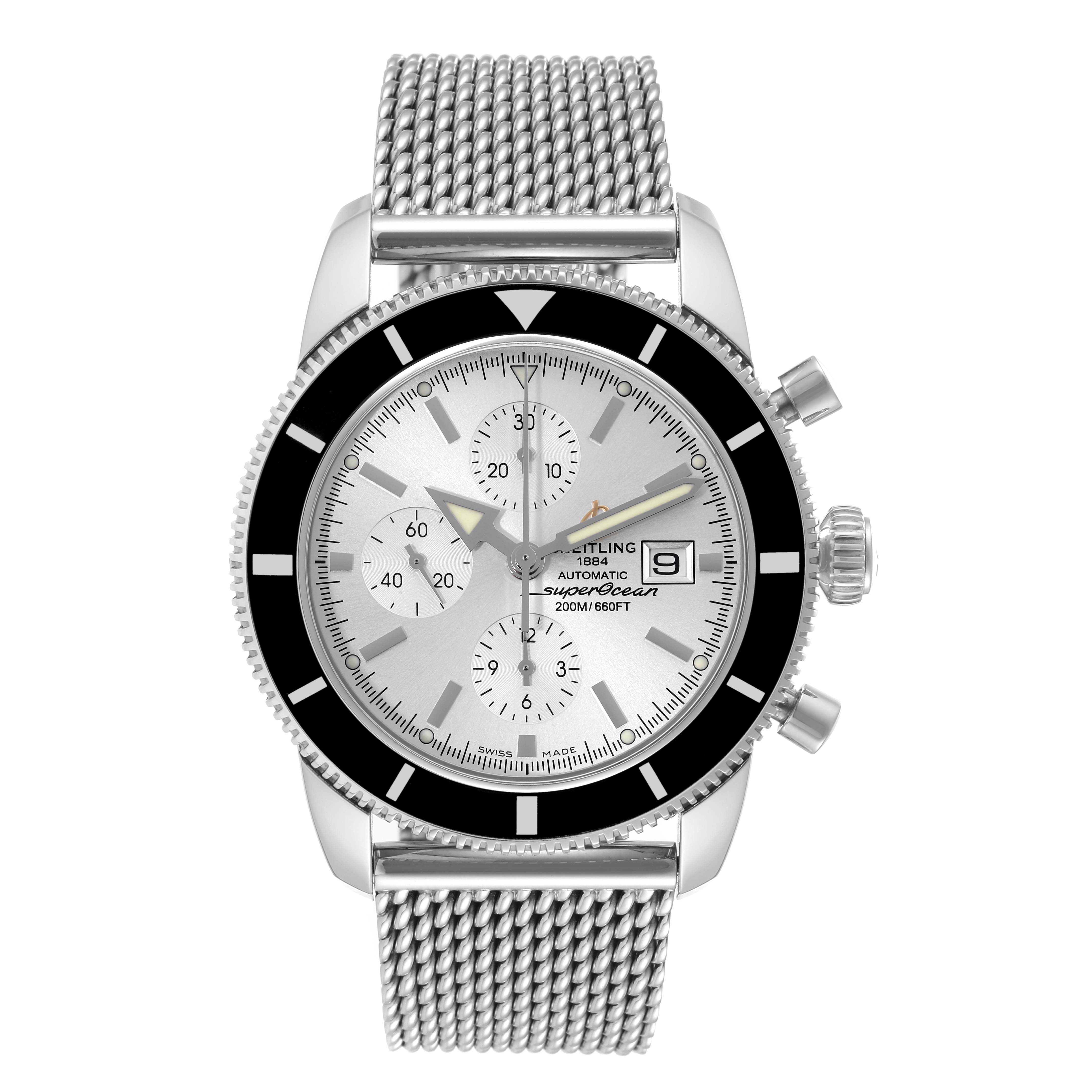 This is a front view of a Breitling Superocean A13320 Men's Stainless Steel Silver Dial A13320 Men's Stainless Steel Silver Dial watch, showing its dial, bezel, crown, pushers, and stainless steel mesh bracelet.