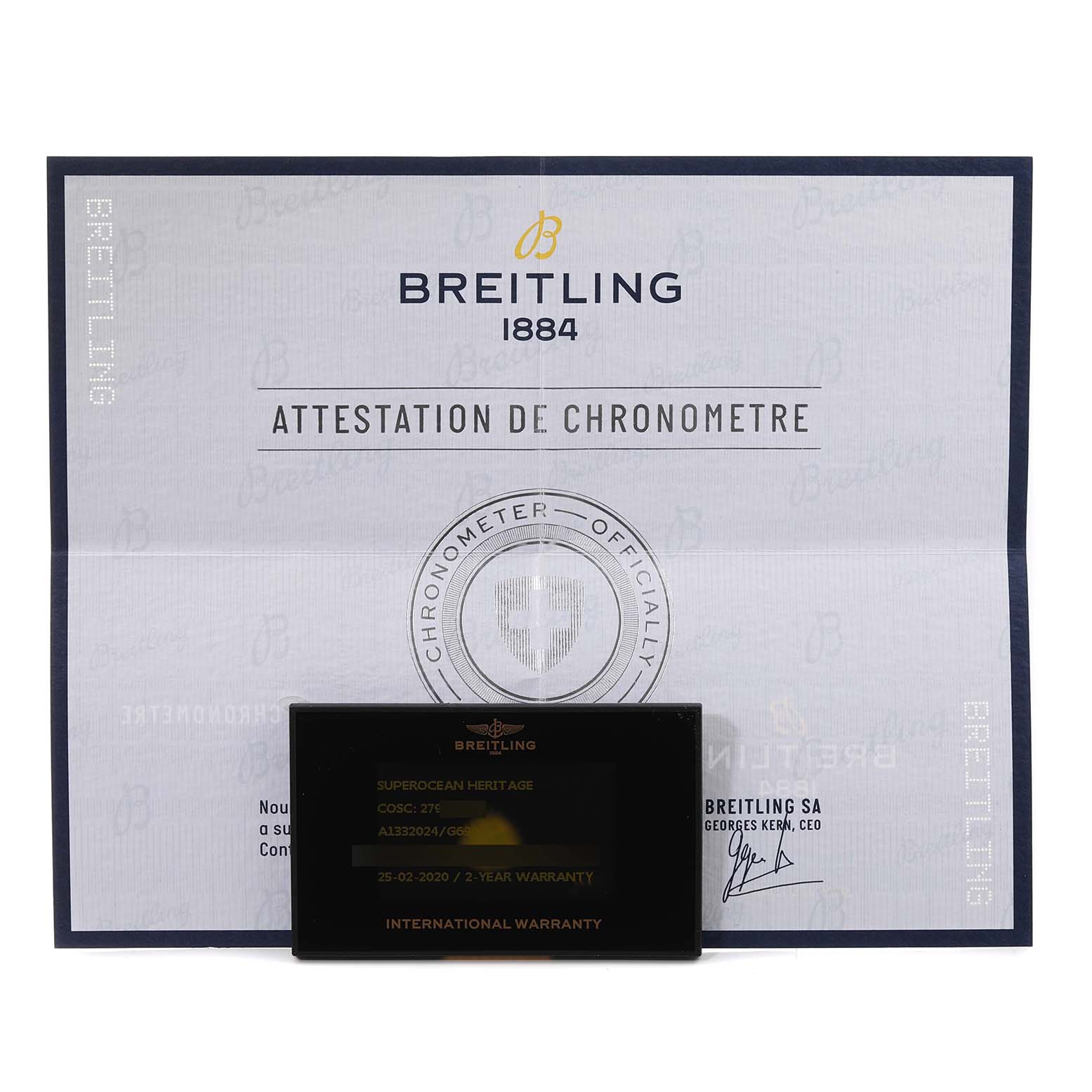 This image shows the certification and warranty card for the Breitling Superocean A13320 Men's Stainless Steel Silver Dial A13320 Men's Stainless Steel Silver Dial watch model.