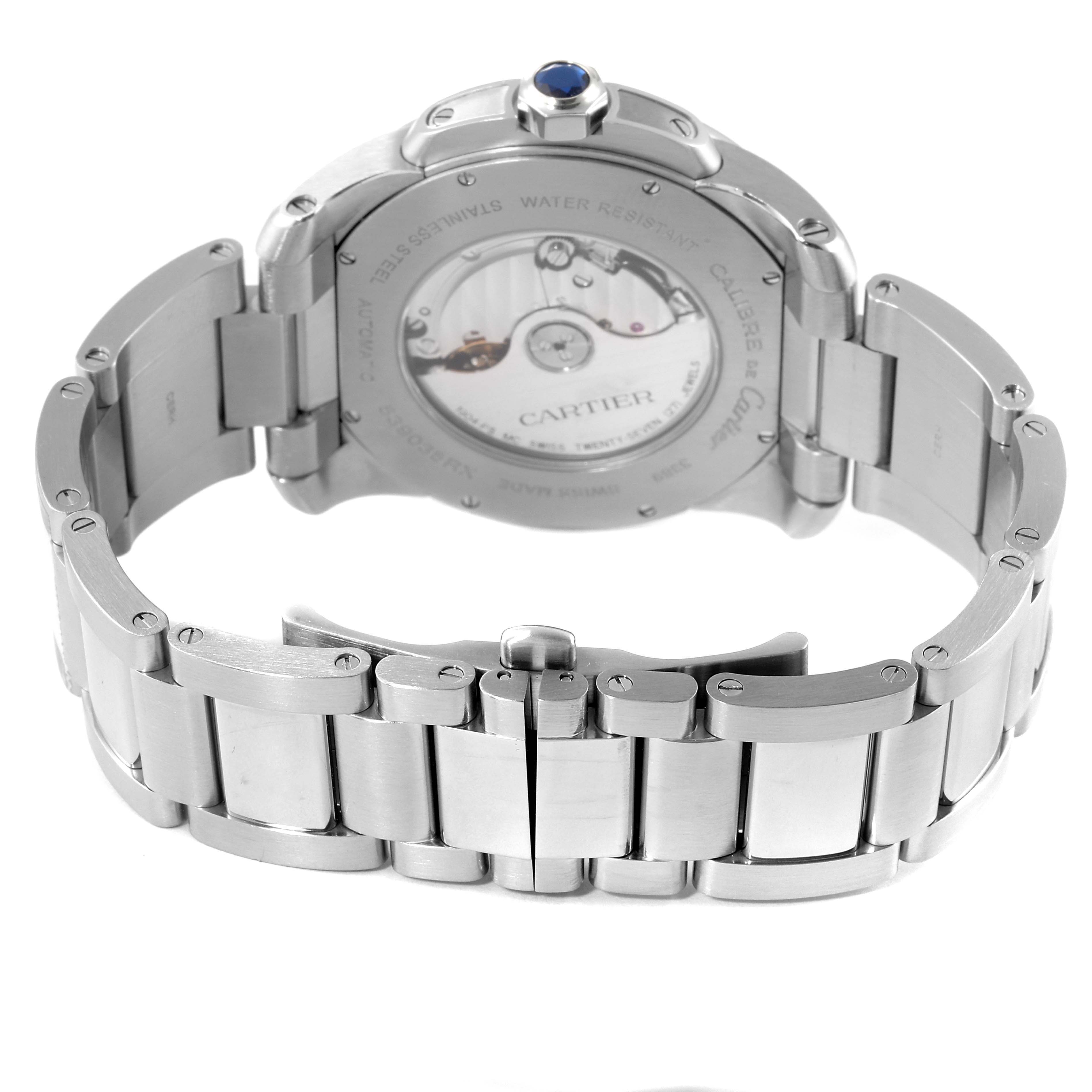 The image shows the back view of a Calibre de Cartier watch by Cartier, highlighting its movement and bracelet.