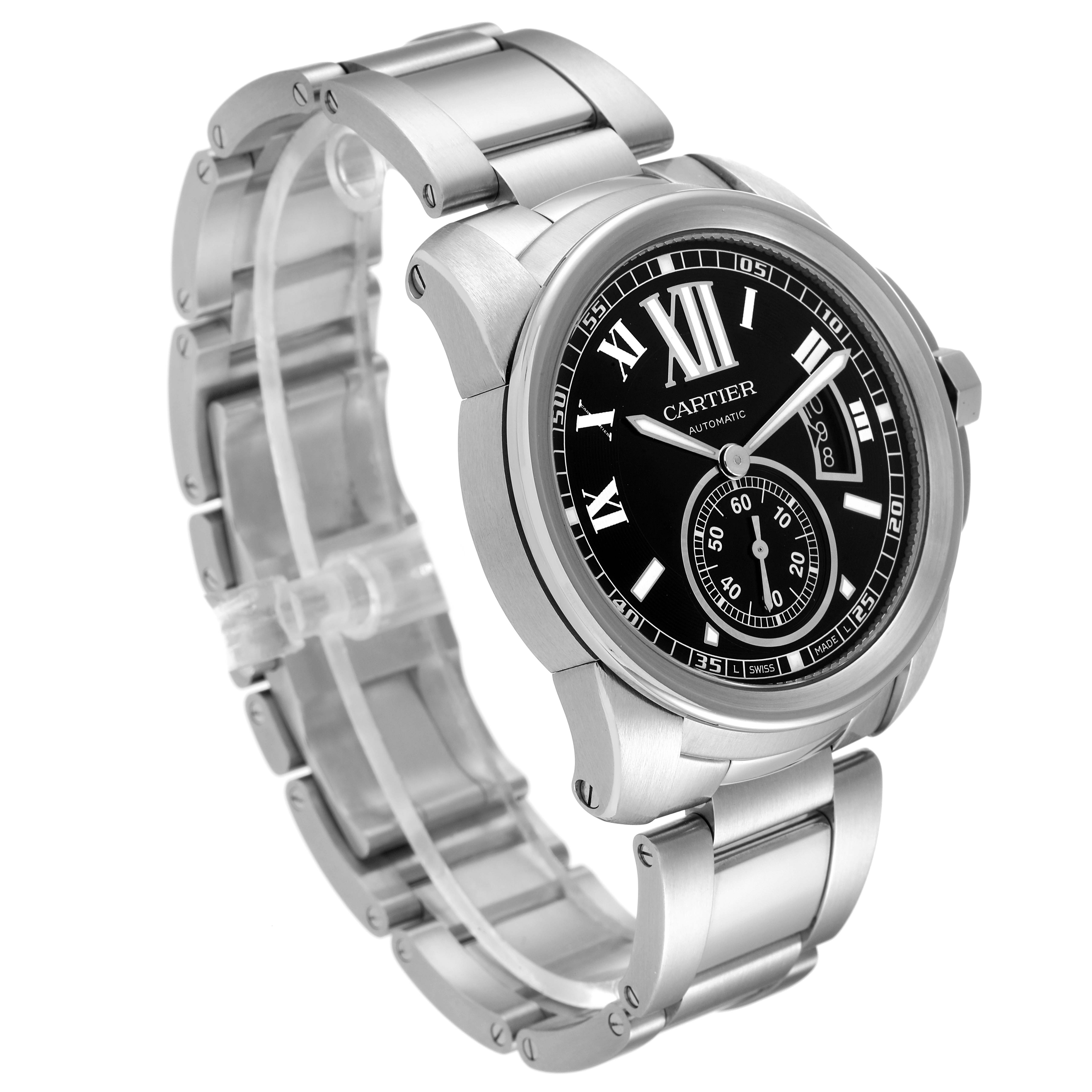 This image shows a Calibre de Cartier watch by Cartier at a three-quarter angle, displaying the dial, bezel, and bracelet.