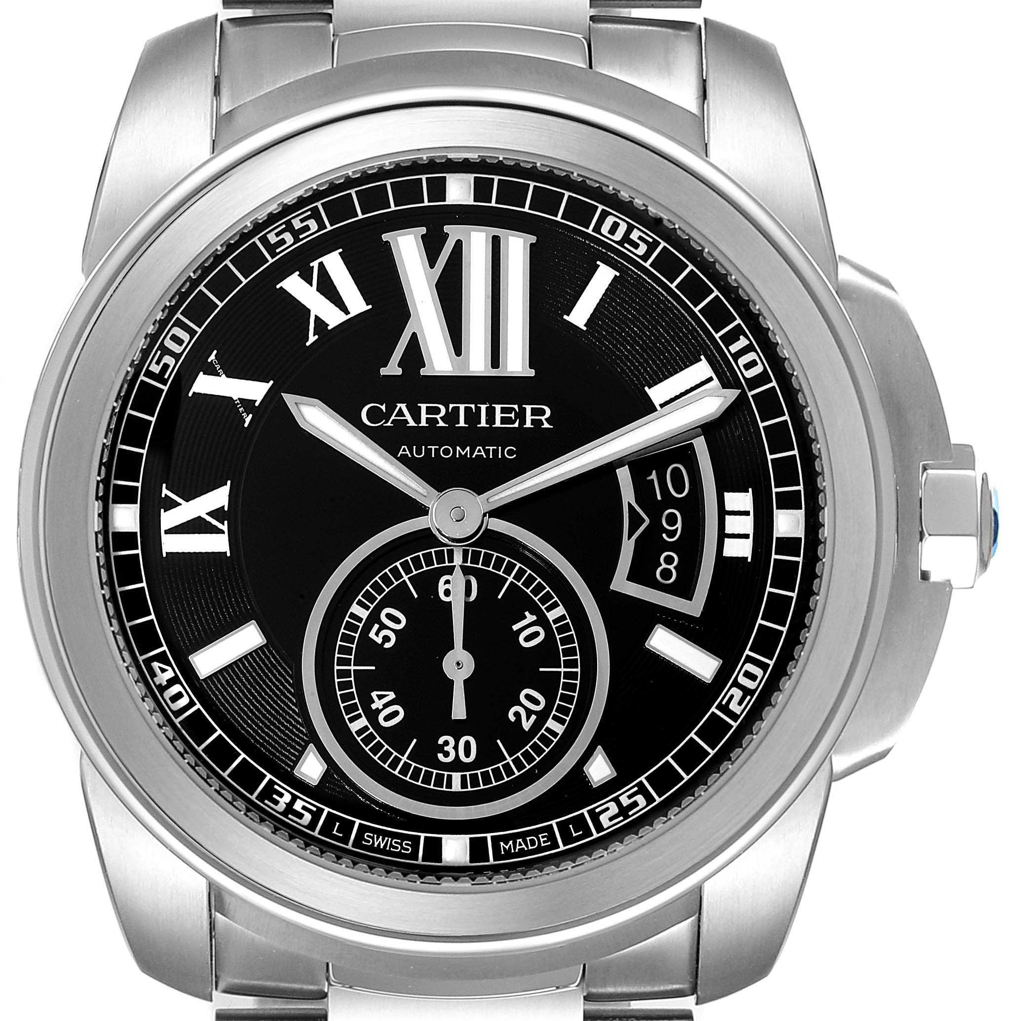 This image shows a close-up of the dial and face of the Calibre de Cartier watch by Cartier.