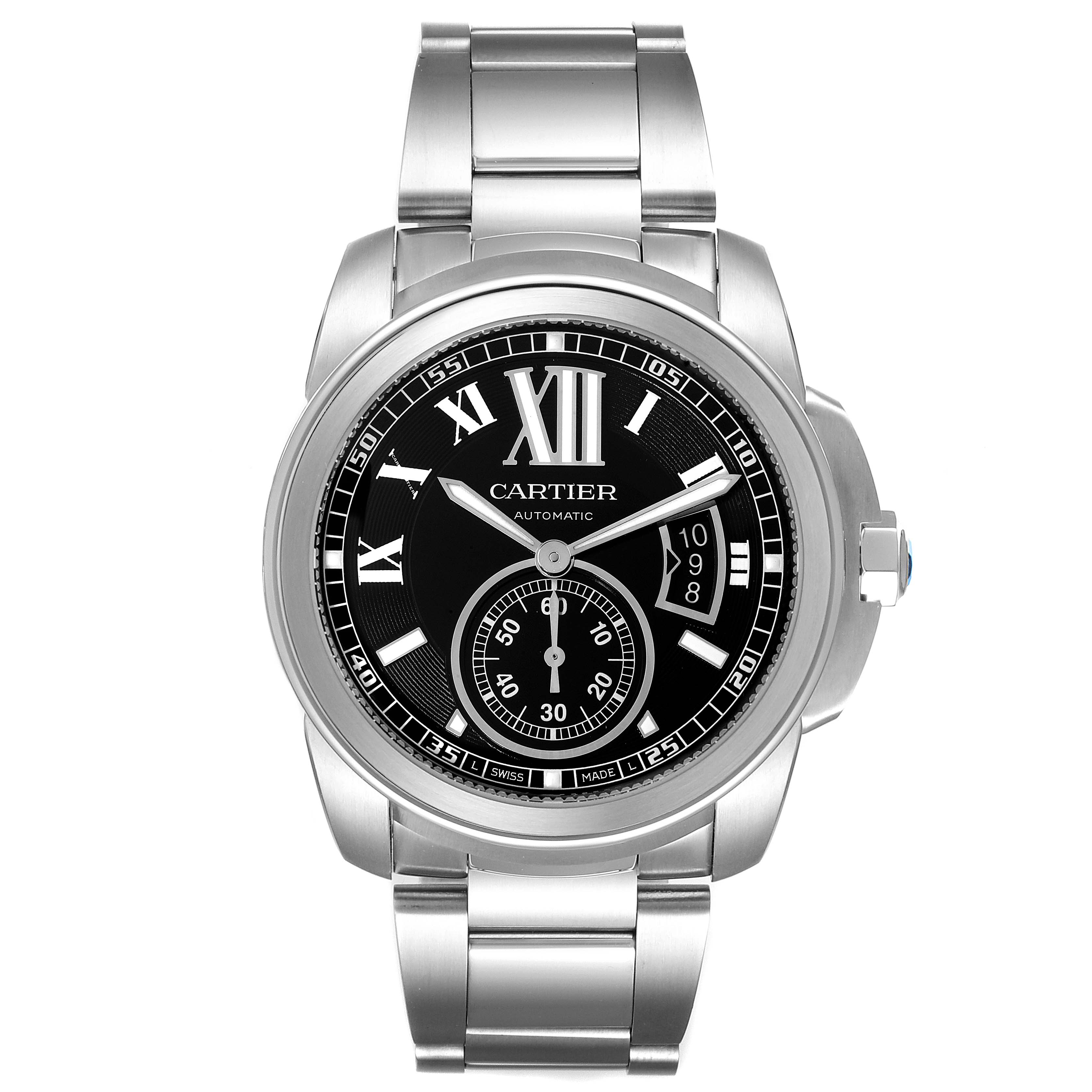 The image shows a front view of the Cartier Calibre de Cartier W7100016 Men
s Stainless Steel Black Dial W7100016 Men
s Stainless Steel Black Dial watch, highlighting the dial, hands, numerals, and metal bracelet.