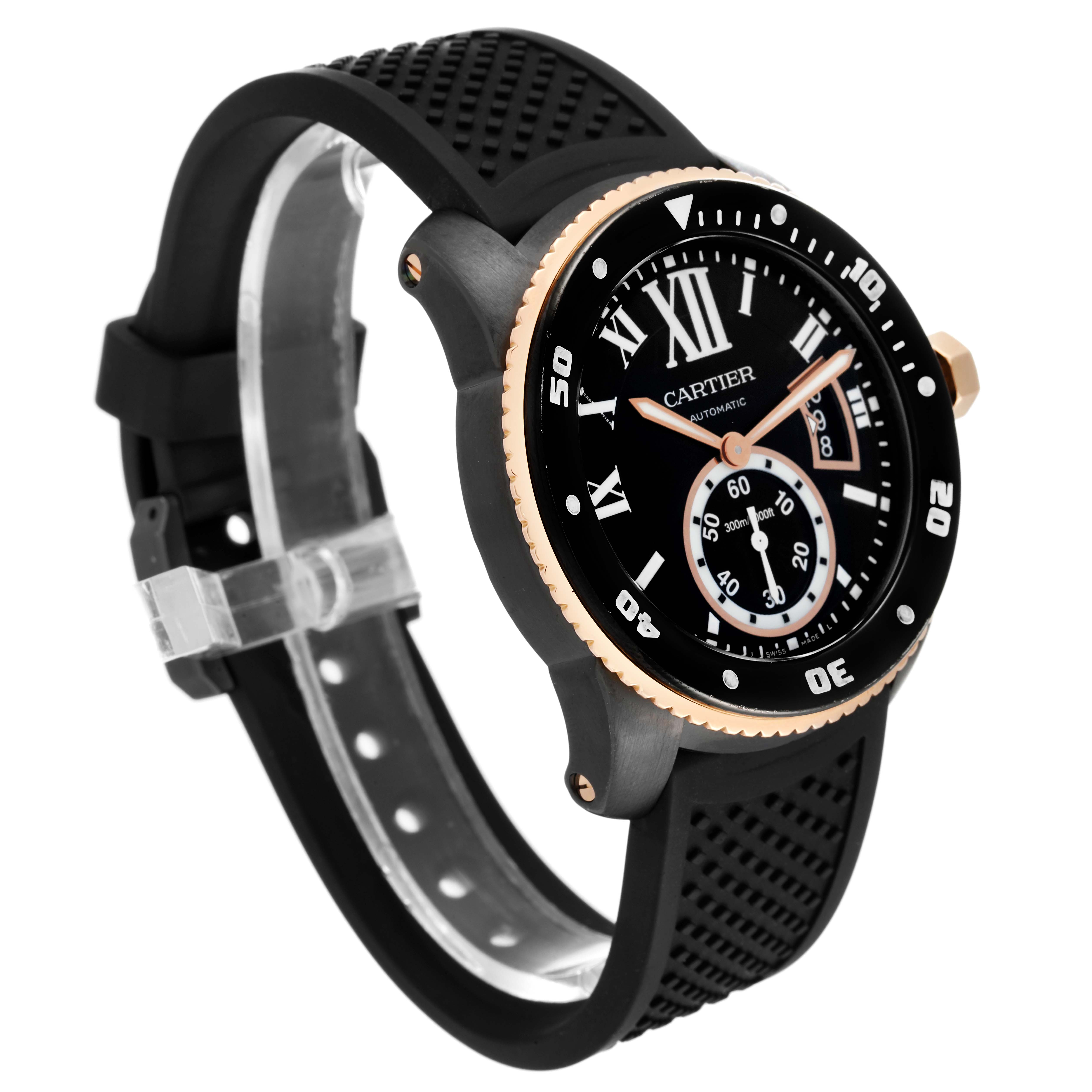 The image shows a side angle of a Calibre de Cartier watch by Cartier, featuring its face, strap, and clasp.