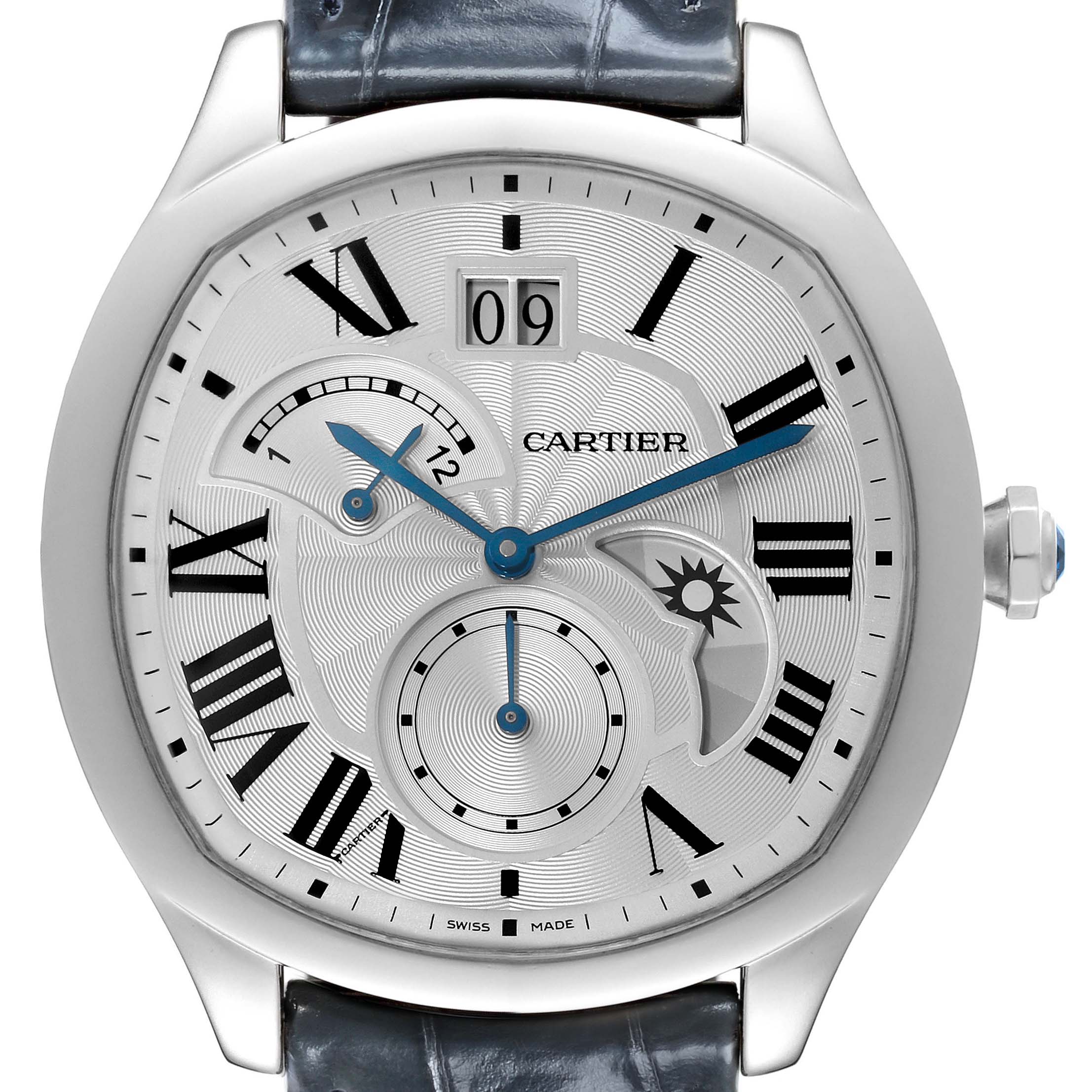 The Drive de Cartier watch by Cartier is shown from the front, displaying the face with Roman numerals and sub-dials.