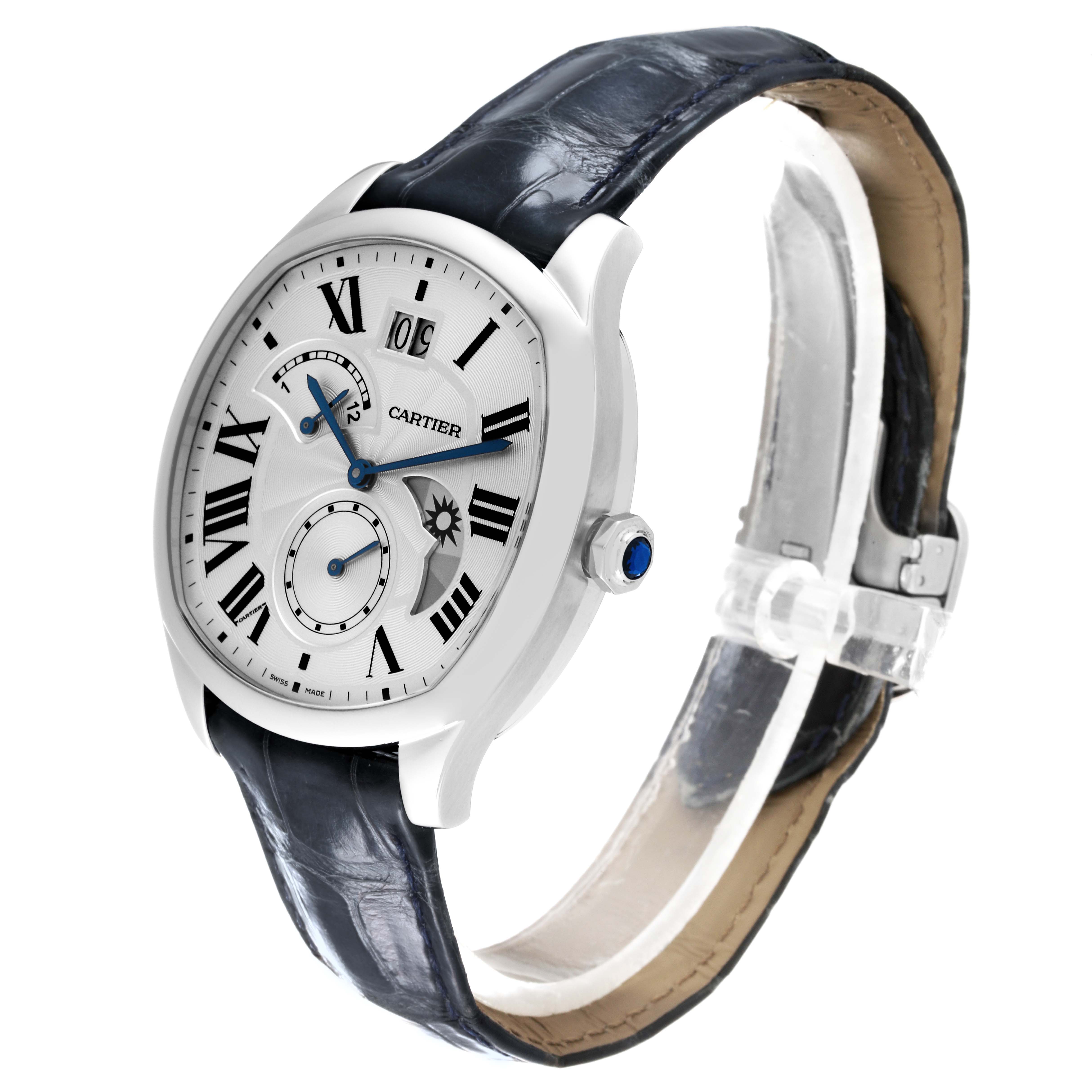 The image shows a Drive de Cartier watch by Cartier at a three-quarter angle, highlighting the face, crown, and leather strap.