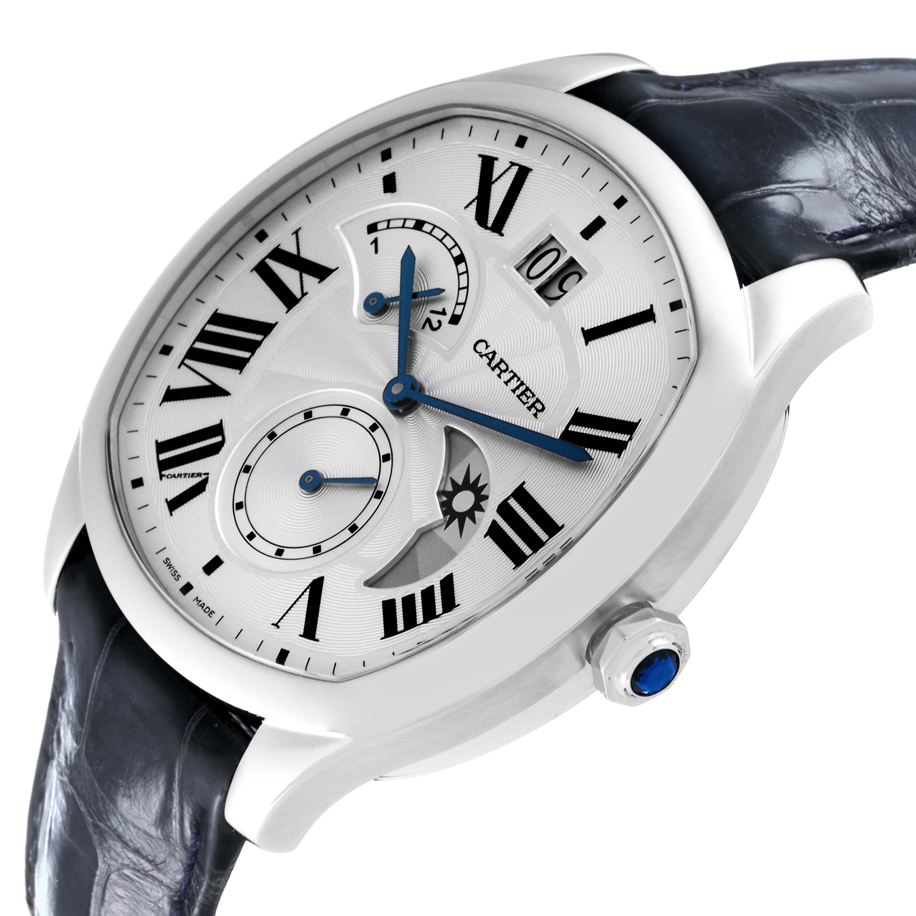 The image shows a close-up, angled view of the Drive de Cartier watch by Cartier, highlighting its dial, case, and crown.