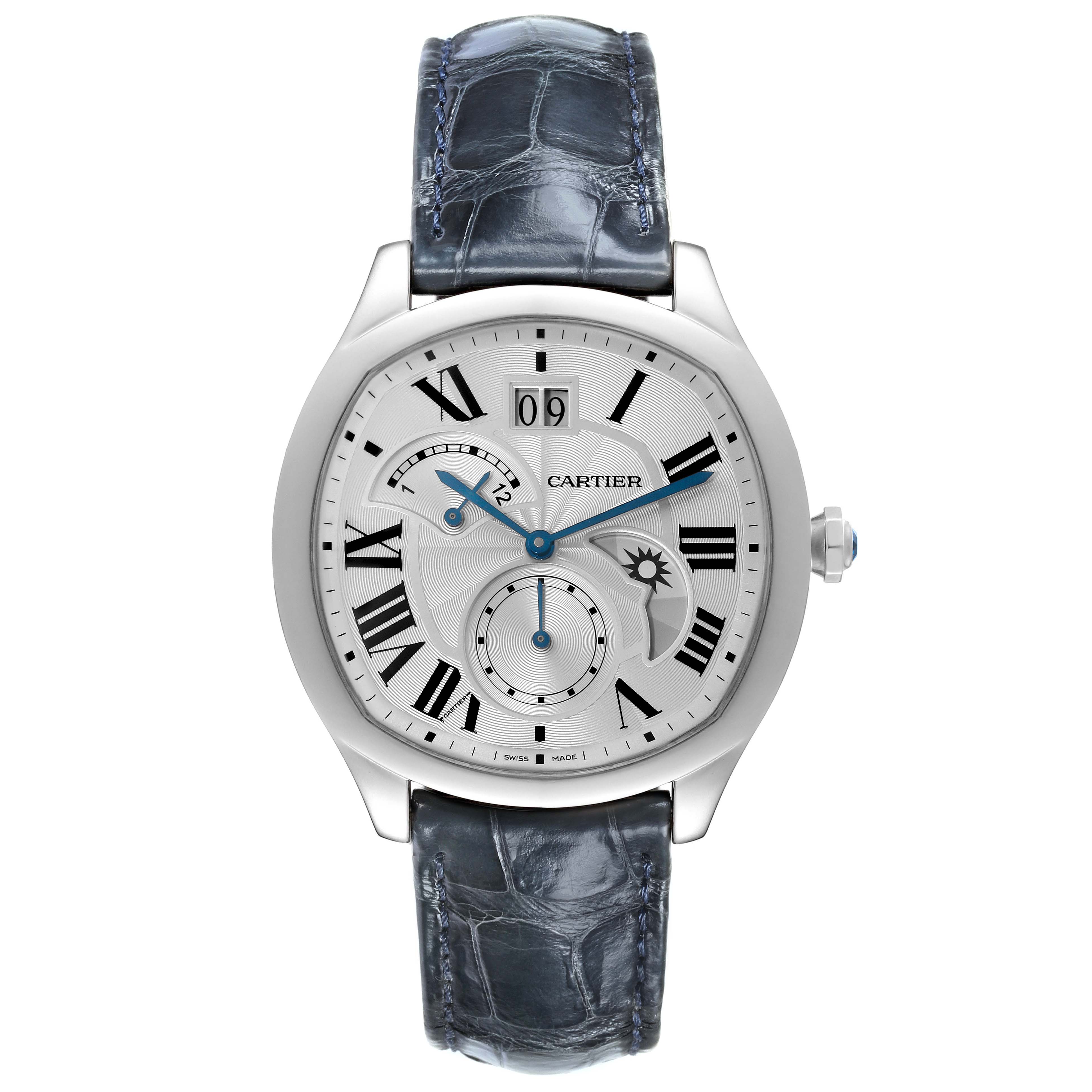 This is a frontal view of the Drive de Cartier watch by Cartier showcasing the dial, hands, date display, and leather strap.