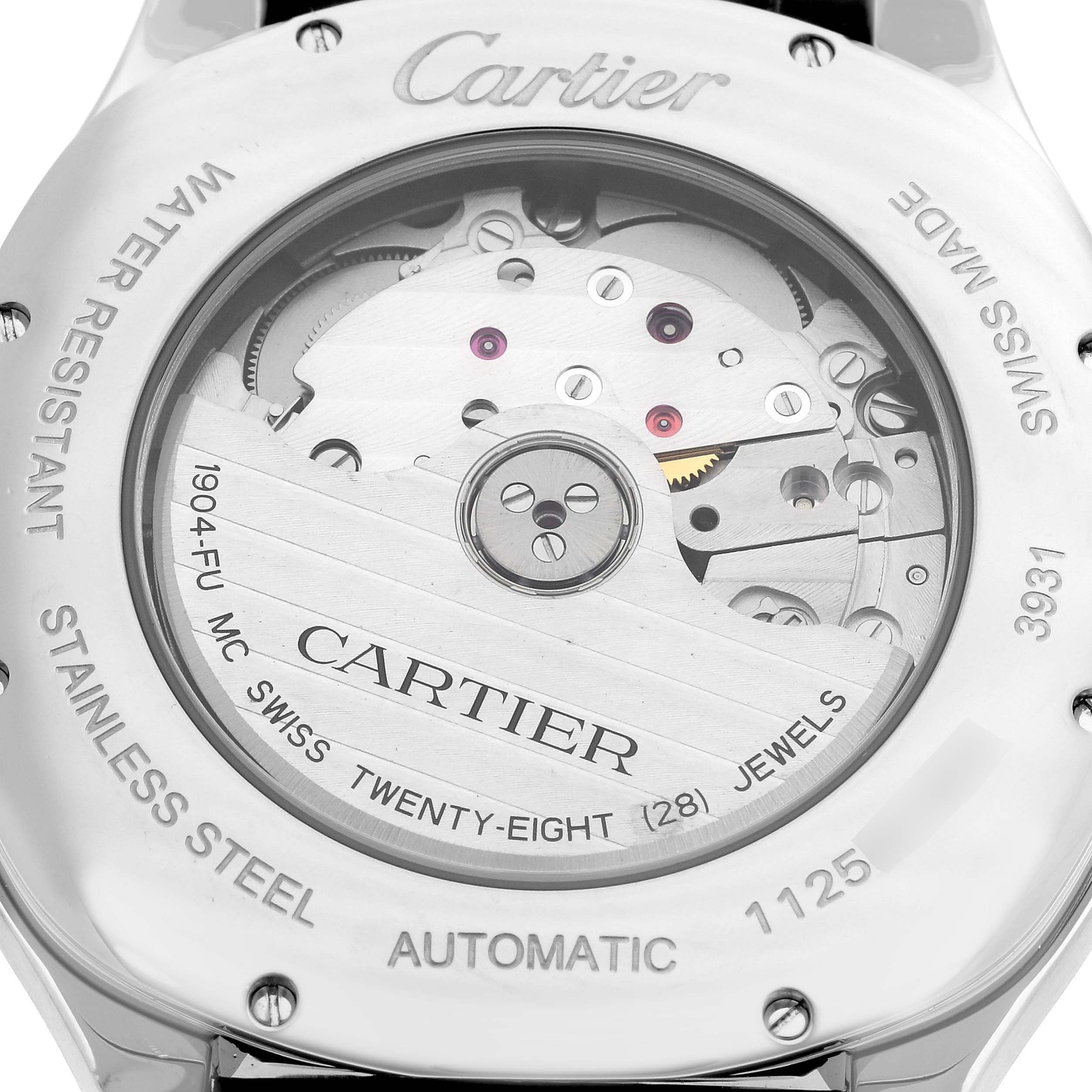 The image shows a close-up of the back view of the Drive de Cartier watch by Cartier, highlighting the movement and inscriptions.