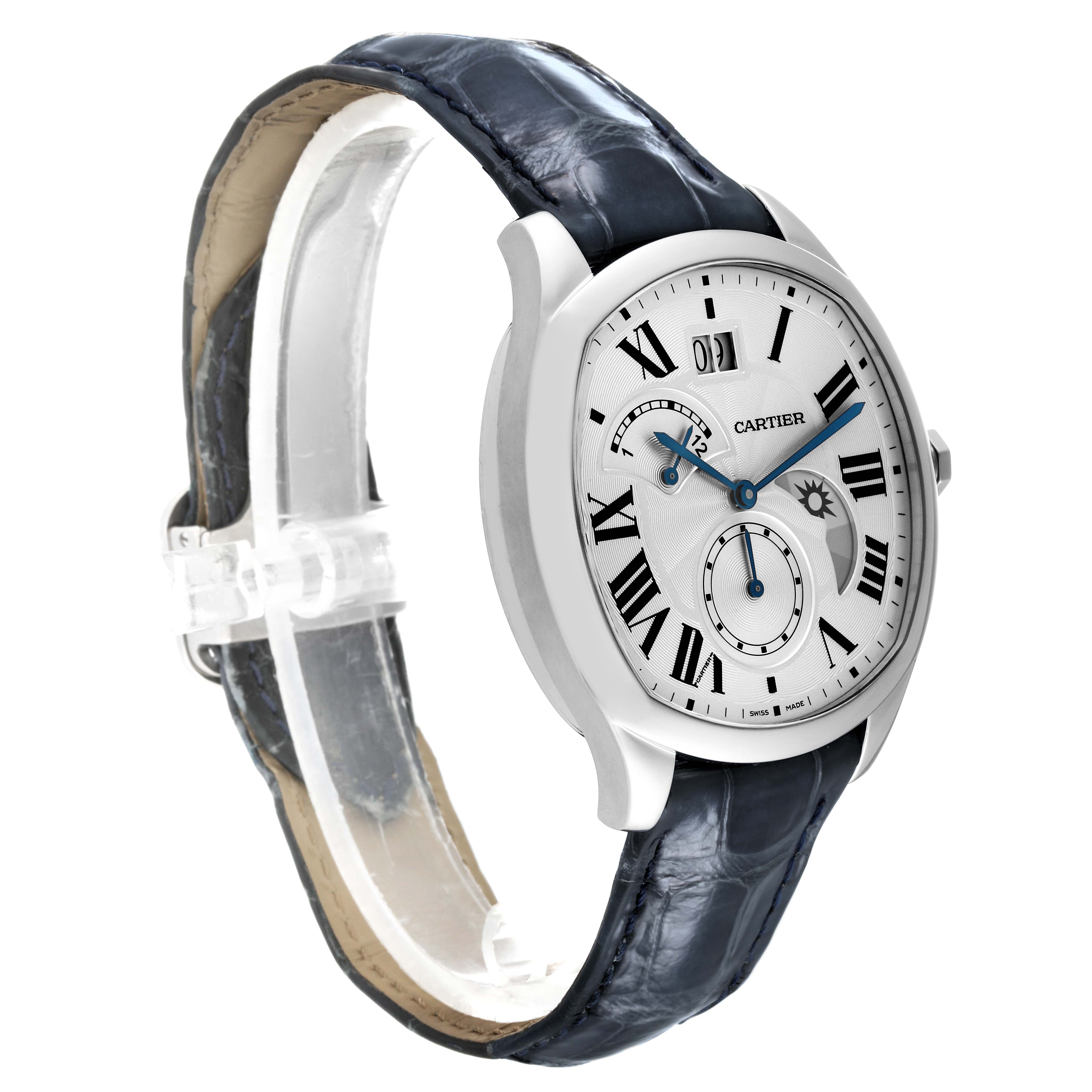The Drive de Cartier watch by Cartier is shown at an angle displaying the dial, case, and strap.