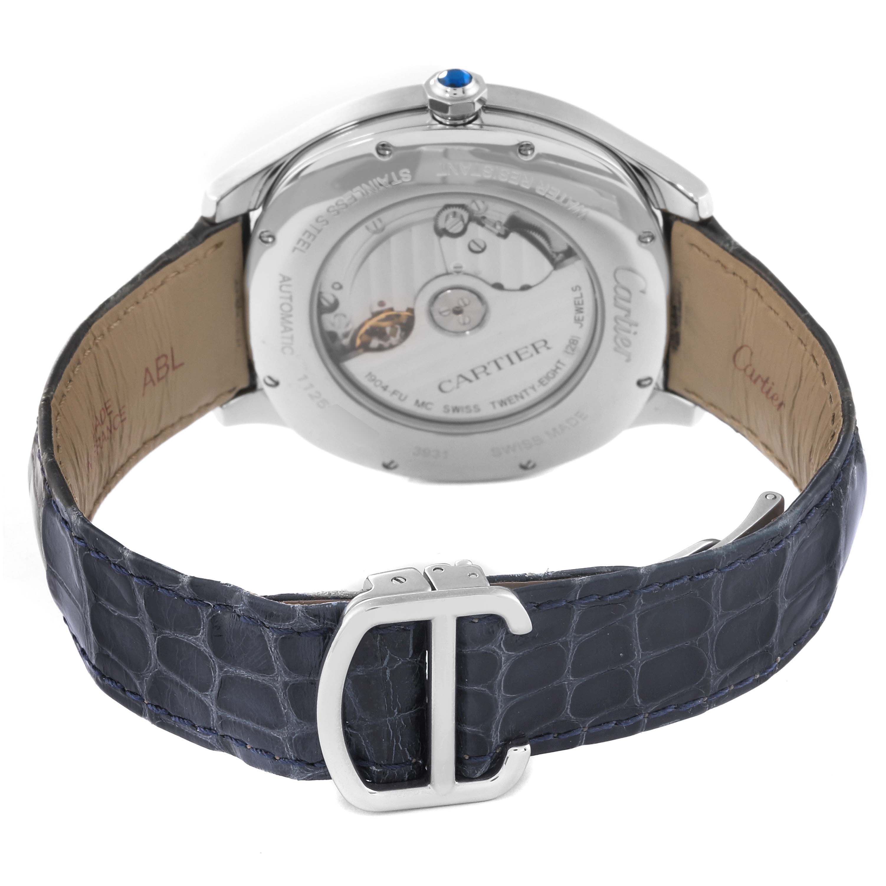 This image shows the back view of a Drive de Cartier watch by Cartier, featuring its strap and exposed movement mechanism.