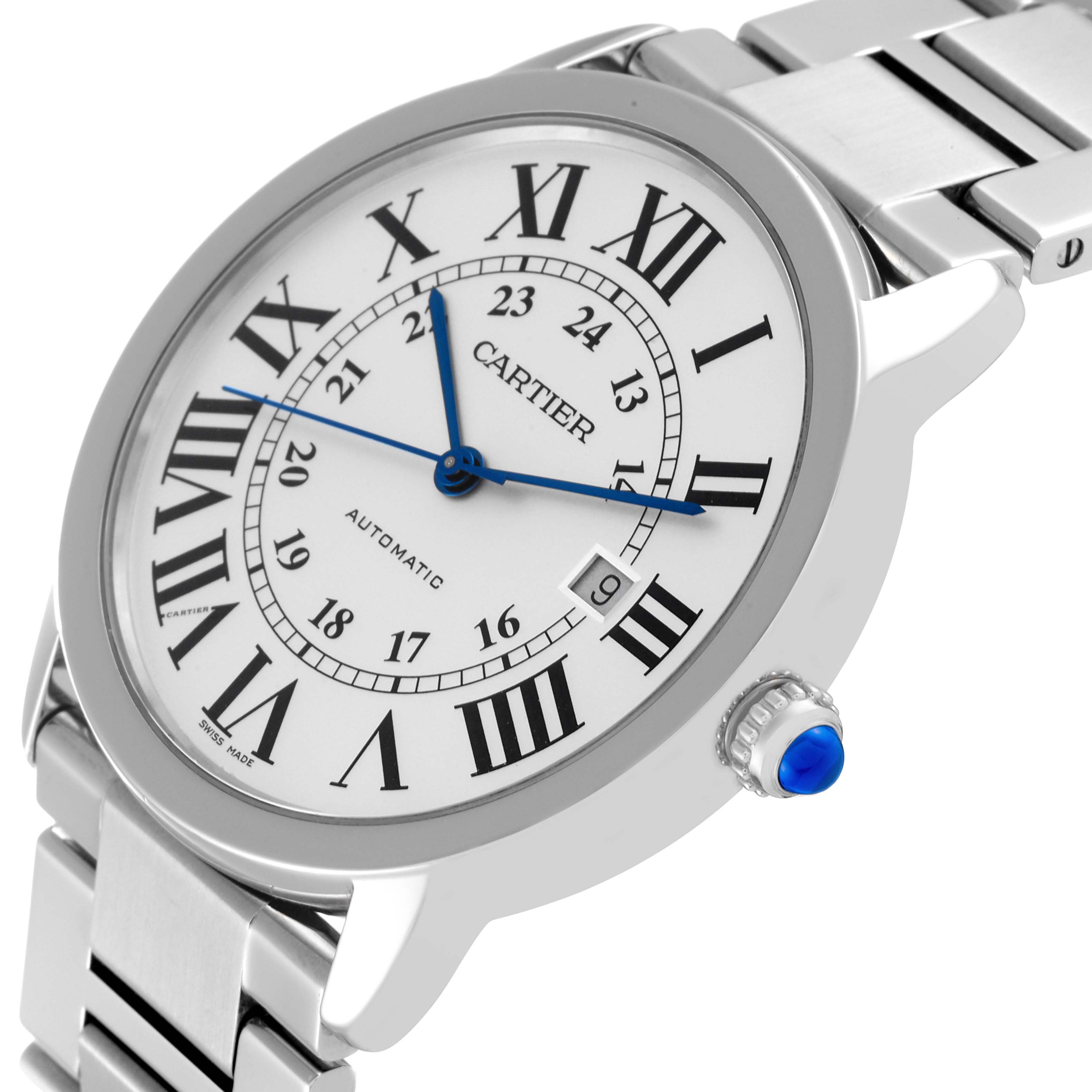 The image shows a Cartier Ronde W6701011 Men
s Stainless Steel Silver Dial W6701011 Men
s Stainless Steel Silver Dial watch from an angled view, highlighting the face, dial, and part of the metal bracelet.