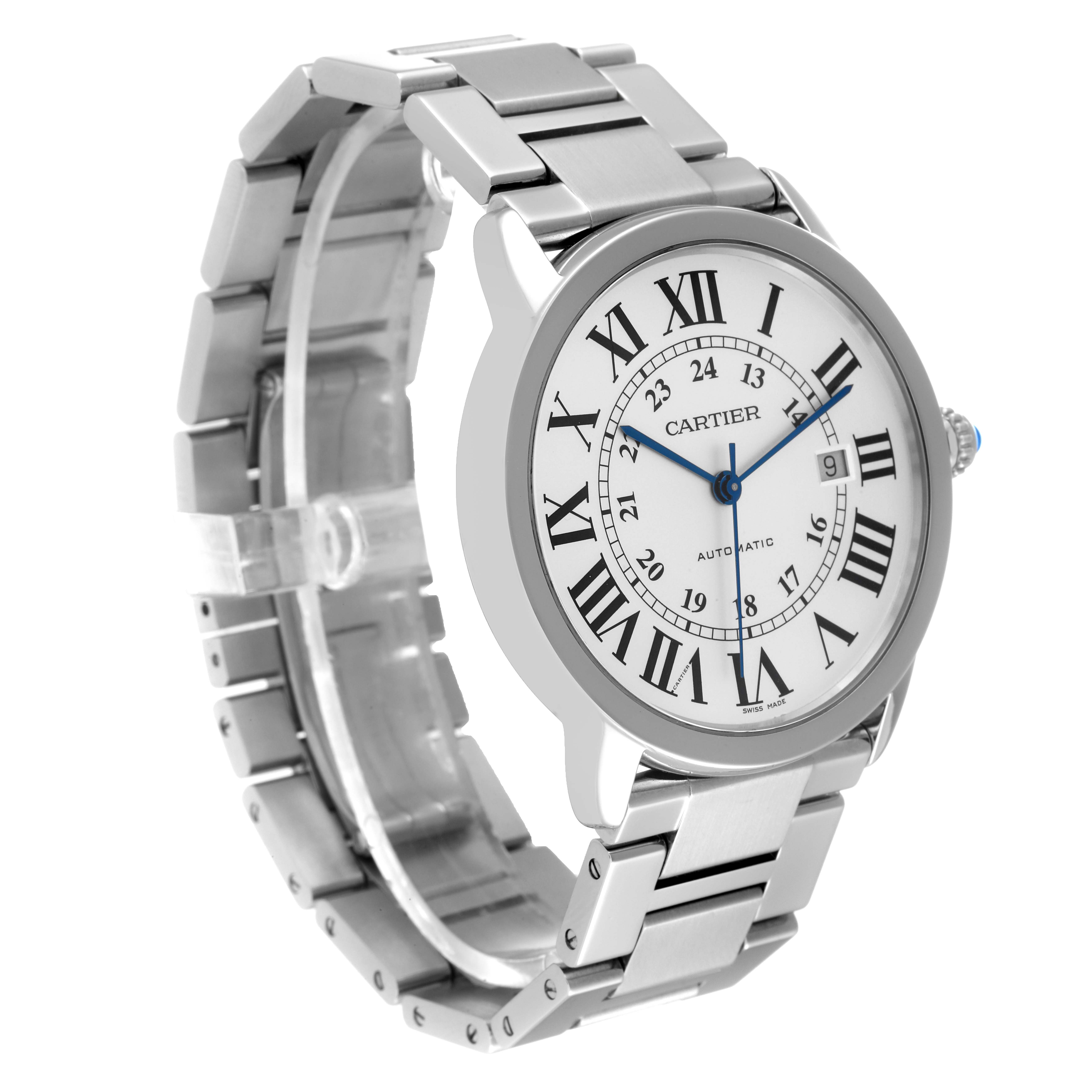 The image shows a side angle of the Cartier Ronde W6701011 Men
s Stainless Steel Silver Dial W6701011 Men
s Stainless Steel Silver Dial watch, highlighting its dial, bracelet, and crown.