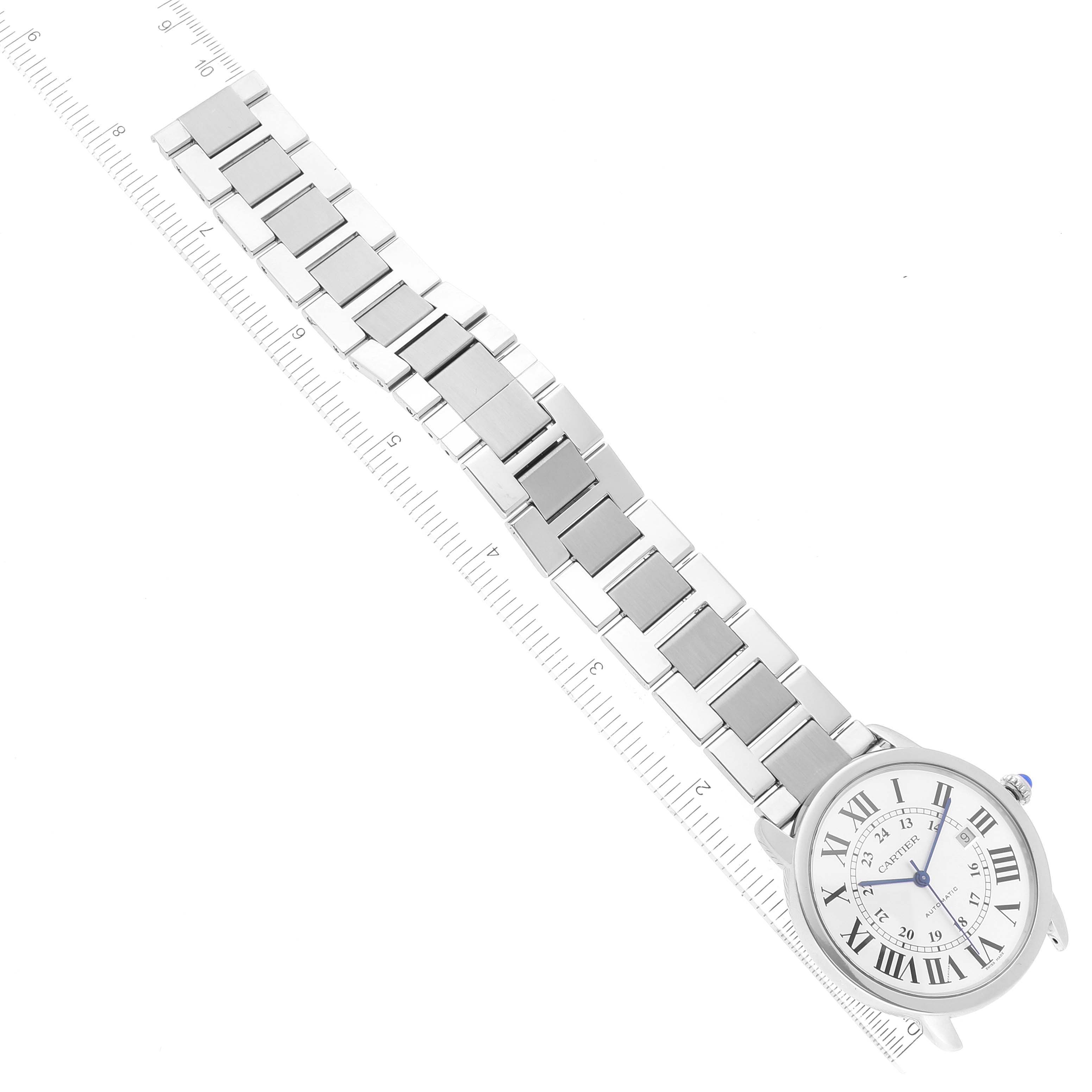 The image displays the Ronde model by Cartier, showing the face and metal bracelet at a diagonal angle.