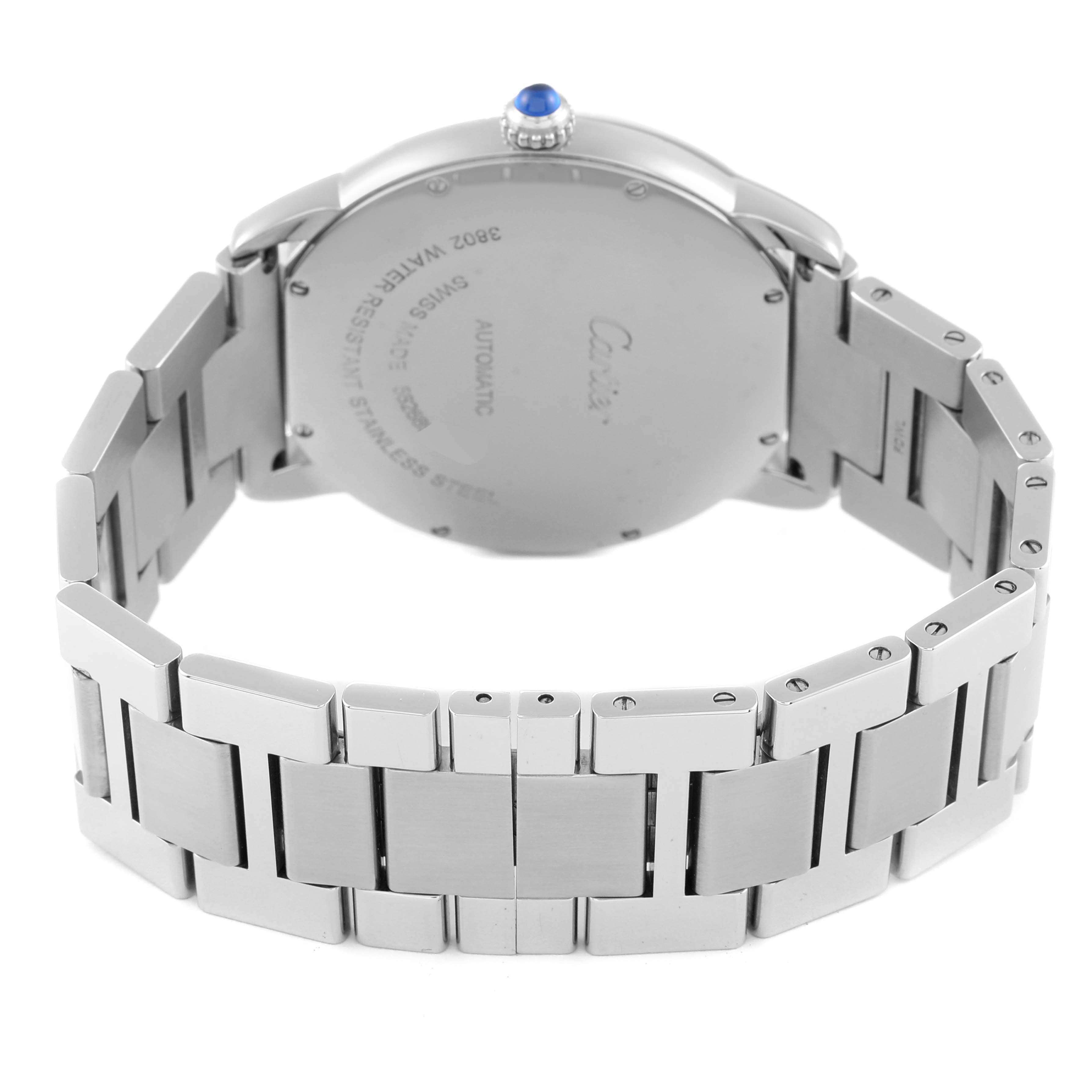 The image shows the back of the Cartier Ronde W6701011 Men
s Stainless Steel Silver Dial W6701011 Men
s Stainless Steel Silver Dial watch, focusing on the case, case back, and metal bracelet.