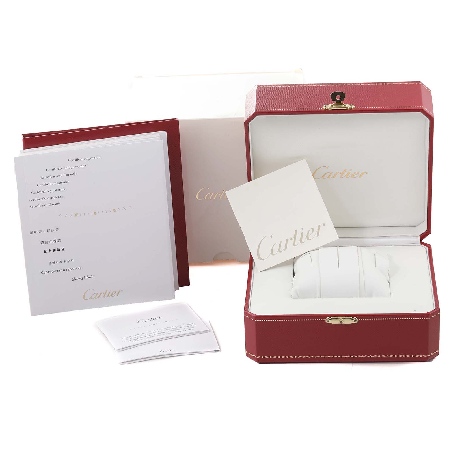 The image shows an open red Cartier box for the Ronde model, with packaging and certification documents.