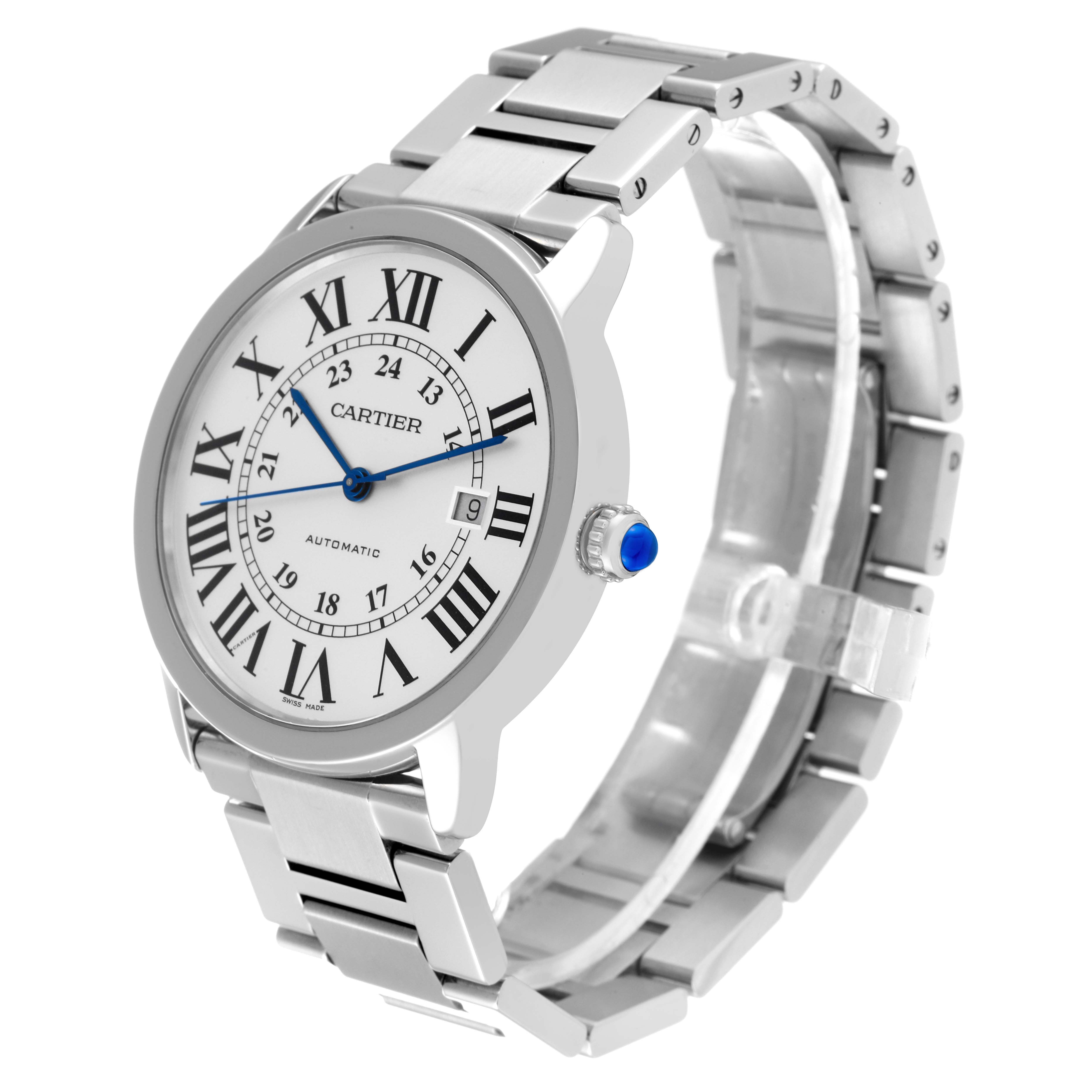 The image shows a Cartier Ronde W6701011 Men
s Stainless Steel Silver Dial W6701011 Men
s Stainless Steel Silver Dial model watch from a 3/4 angle, displaying the face, bracelet, and crown.