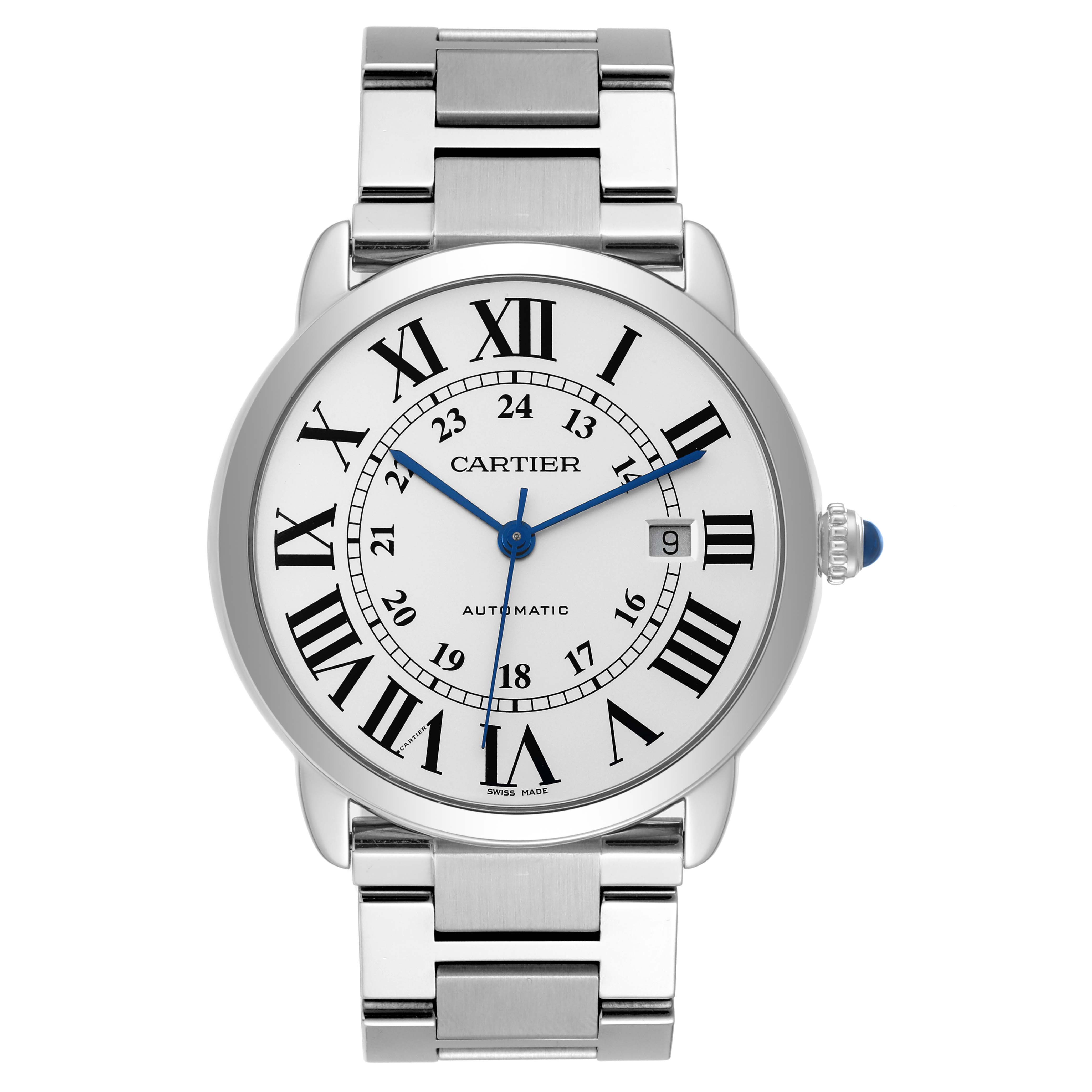 The image shows a frontal view of the Cartier Ronde W6701011 Men
s Stainless Steel Silver Dial W6701011 Men
s Stainless Steel Silver Dial watch, showcasing its dial and bracelet.