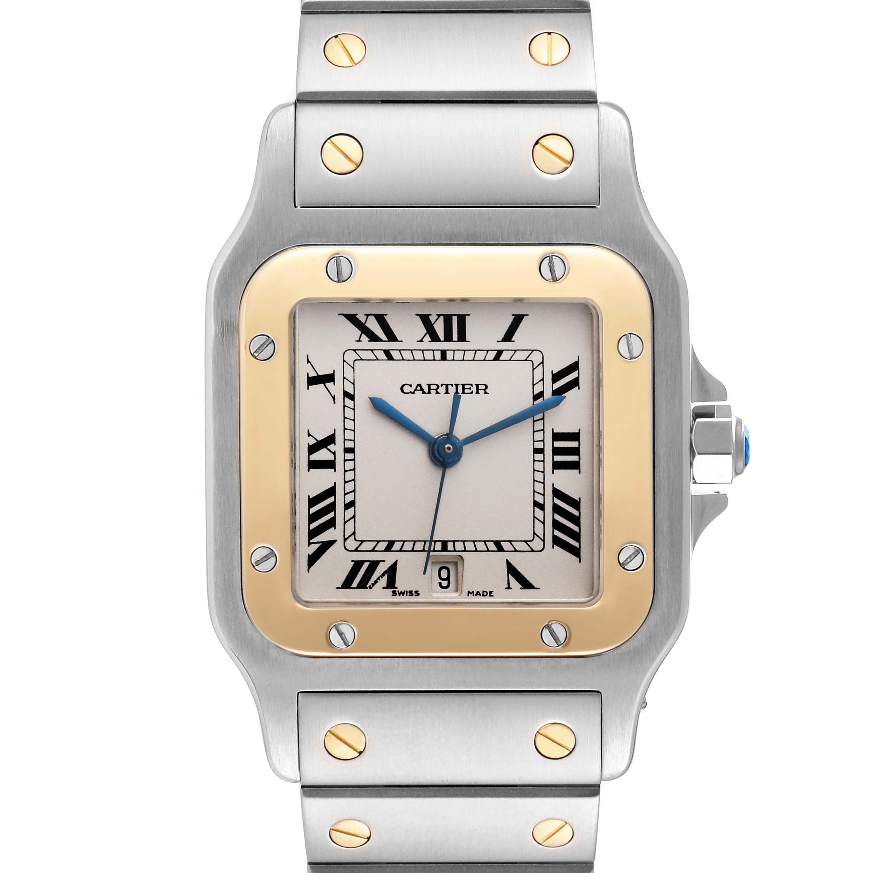 The image shows a front-facing view of the Cartier Santos W20011C4 Men's Steel and Gold (two tone) Silver Dial W20011C4 Men's Steel and Gold (two tone) Silver Dial watch, displaying the dial, bezel, and part of the bracelet.