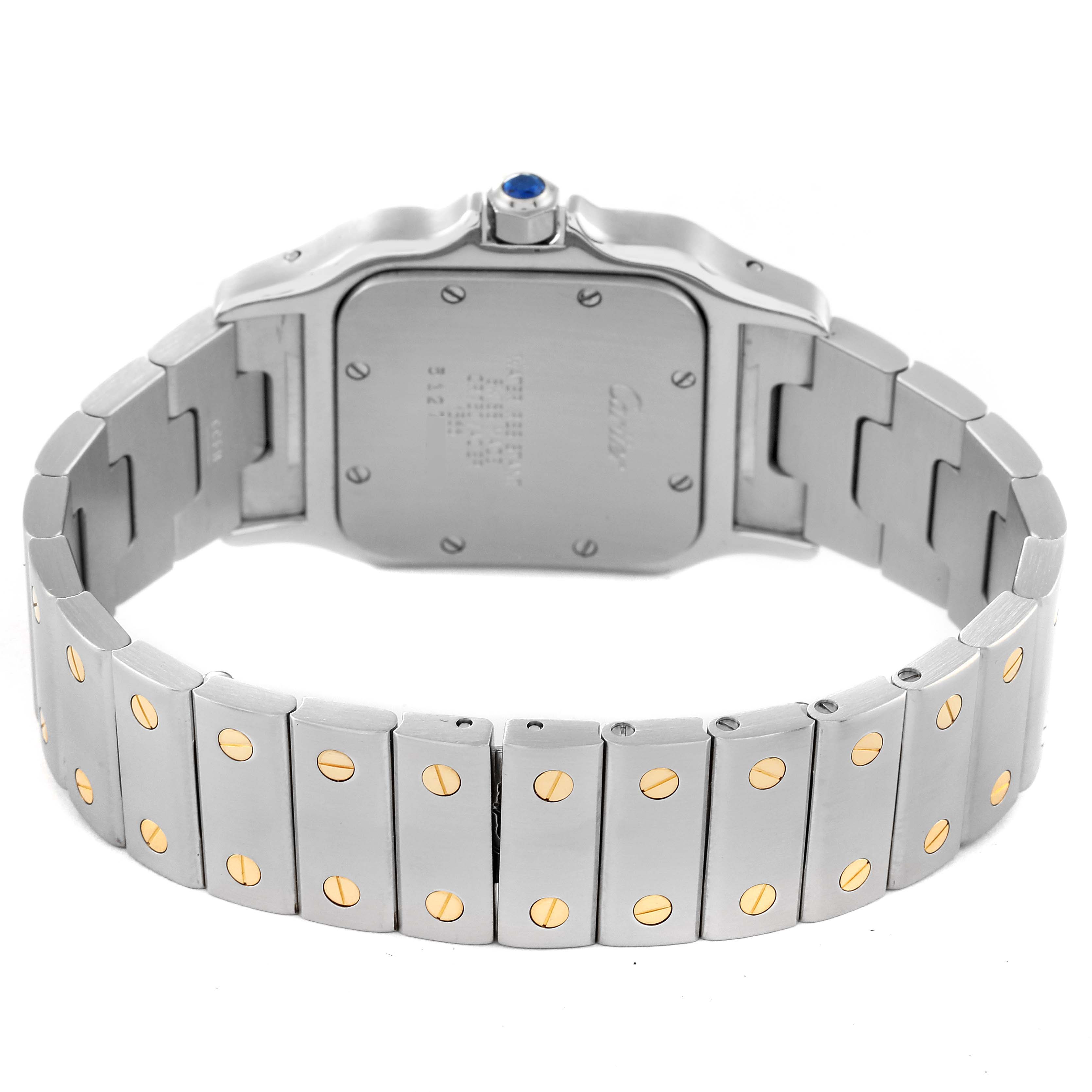 The image shows the back and bracelet of a Santos model watch by Cartier.