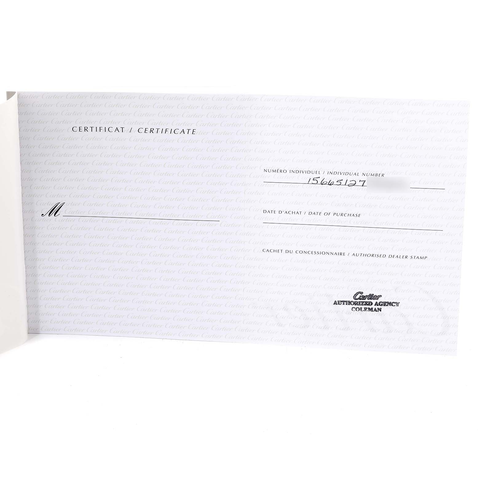 This image shows a certificate for the Santos model watch by Cartier, including an individual number and space for a dealer stamp.