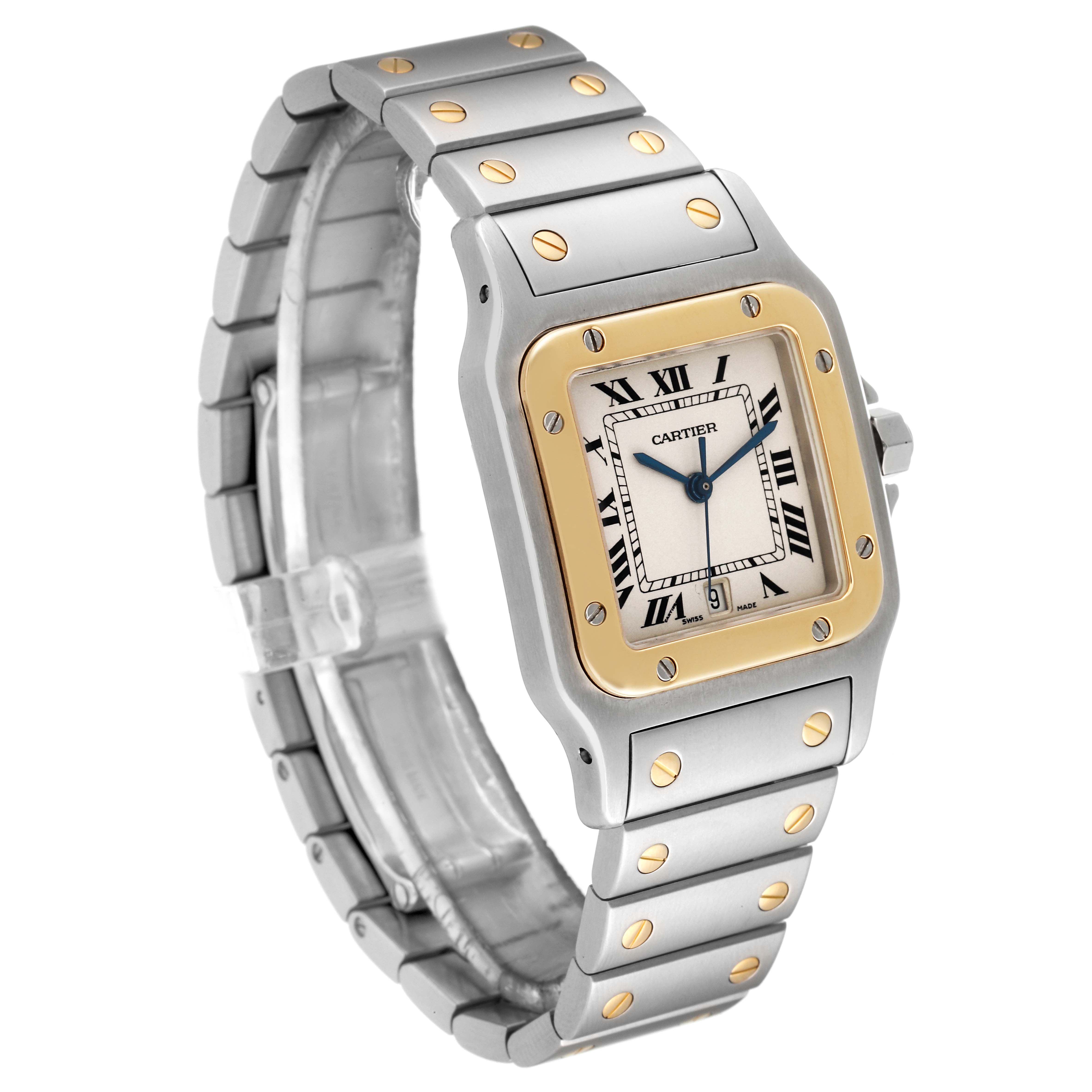 The image shows a Cartier Santos W20011C4 Men's Steel and Gold (two tone) Silver Dial W20011C4 Men's Steel and Gold (two tone) Silver Dial model watch at a three-quarter angle, displaying the watch face, bezel, and metal bracelet.