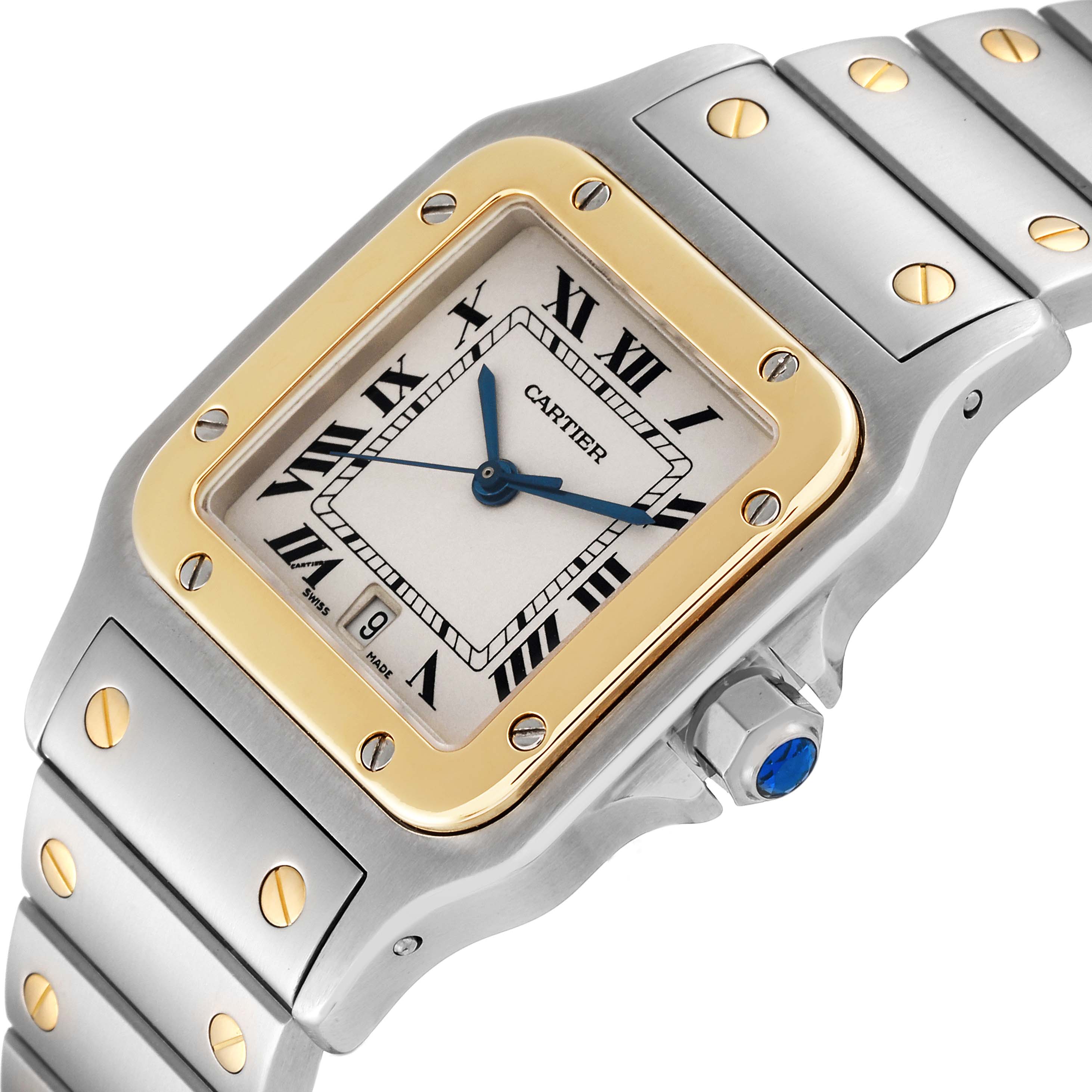 The image shows a close-up angled view of the Santos model by Cartier, highlighting the dial, bezel, and bracelet.