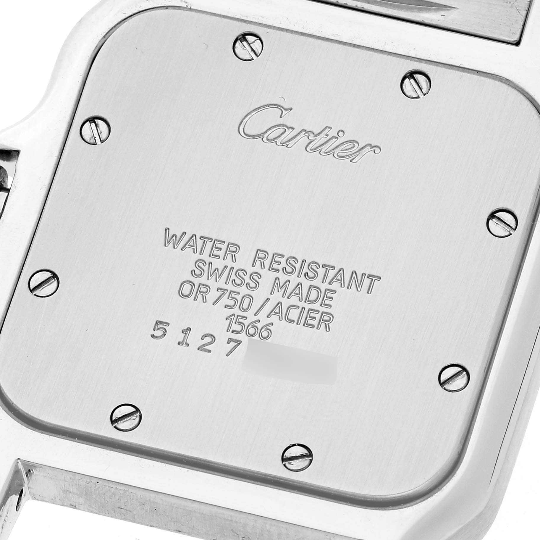 The image shows the back casing of a Santos model watch by Cartier.