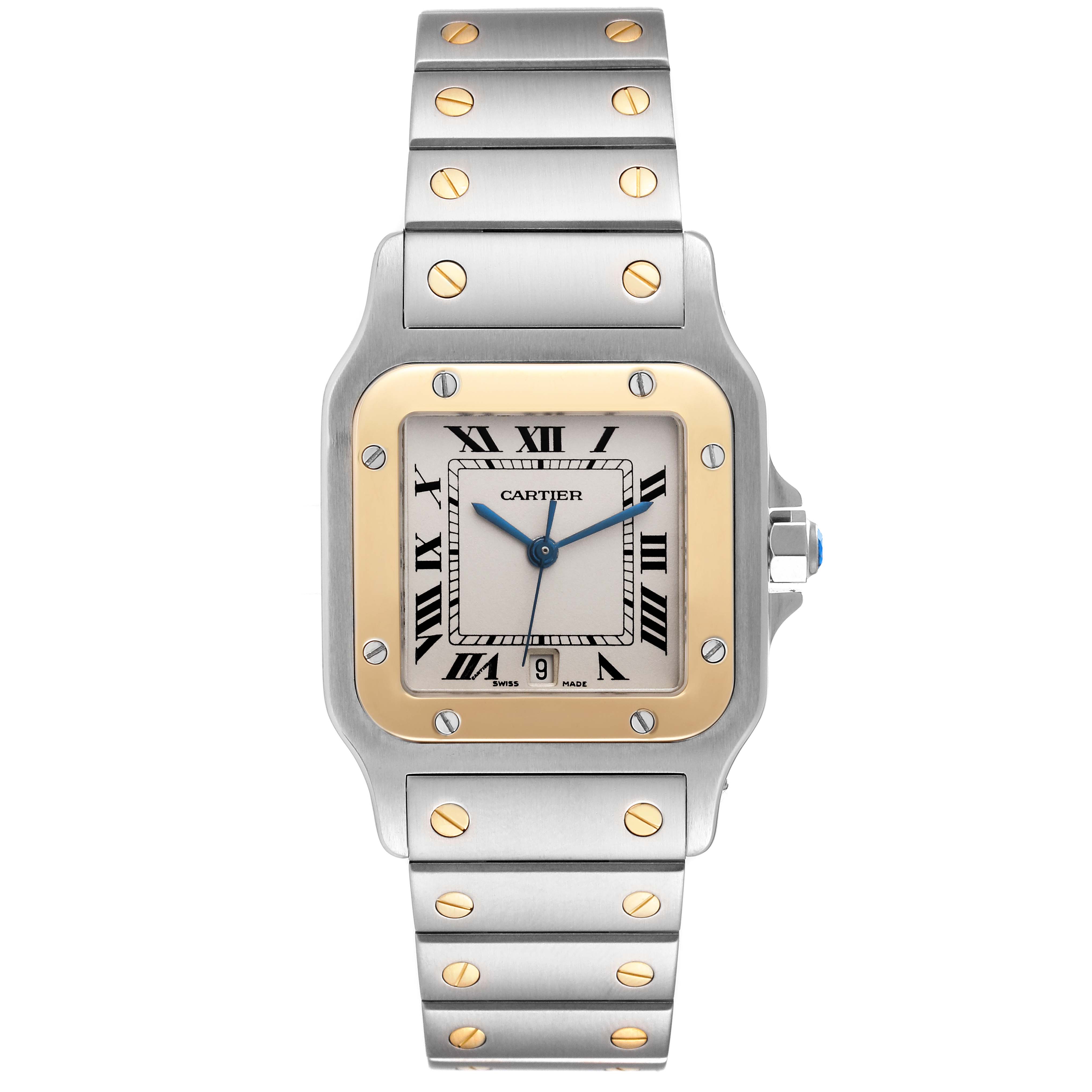 This is a head-on view of the Cartier Santos W20011C4 Men's Steel and Gold (two tone) Silver Dial W20011C4 Men's Steel and Gold (two tone) Silver Dial watch, showing its face, bezel, crown, and bracelet.