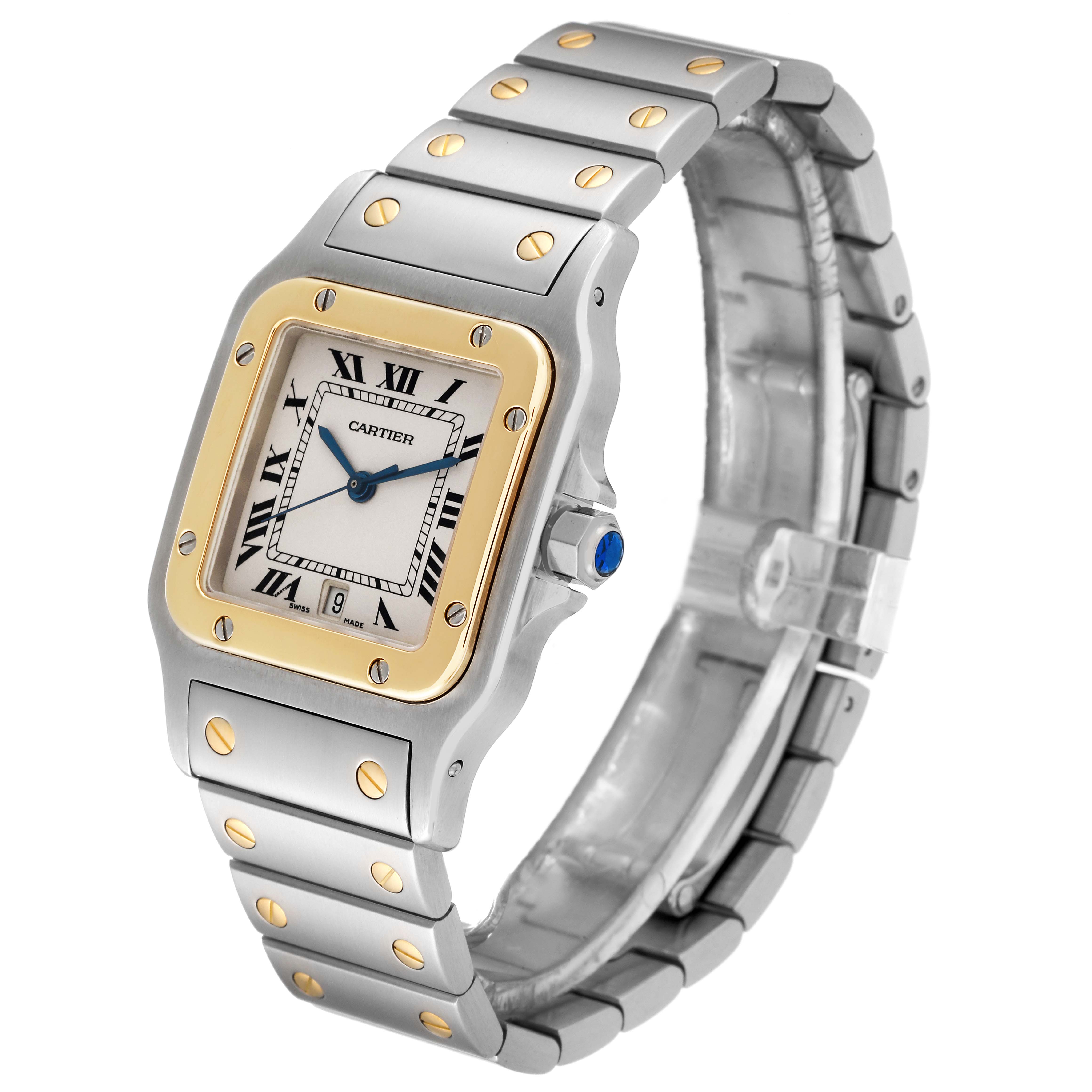 The image shows a Cartier Santos W20011C4 Men's Steel and Gold (two tone) Silver Dial W20011C4 Men's Steel and Gold (two tone) Silver Dial watch at a three-quarter angle, highlighting the face, bezel, and bracelet.