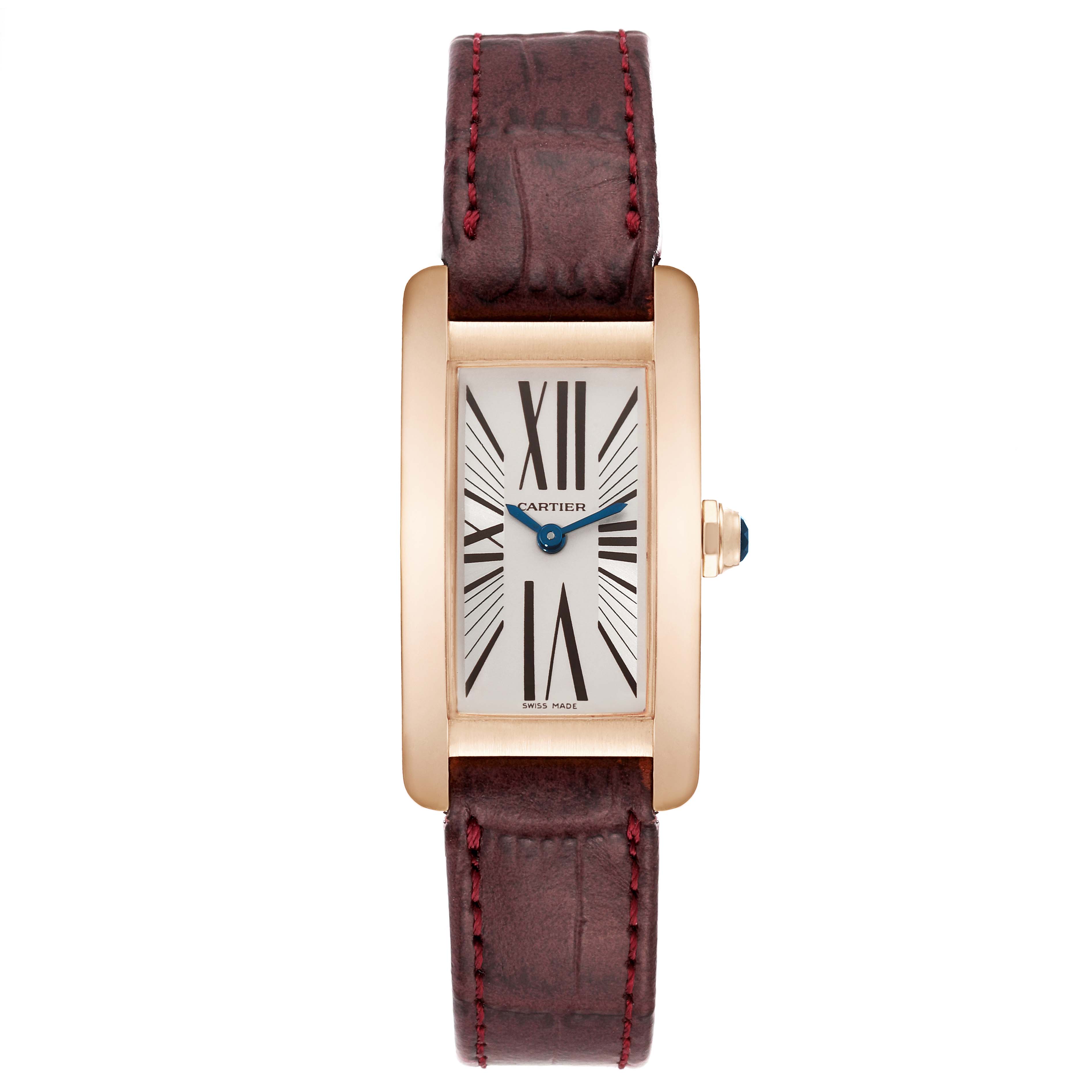 This Cartier Tank Americaine W2607056 Women's Rose Gold Silver Dial W2607056 Women's Rose Gold Silver Dial watch is shown from the front, displaying the face, case, and leather strap.