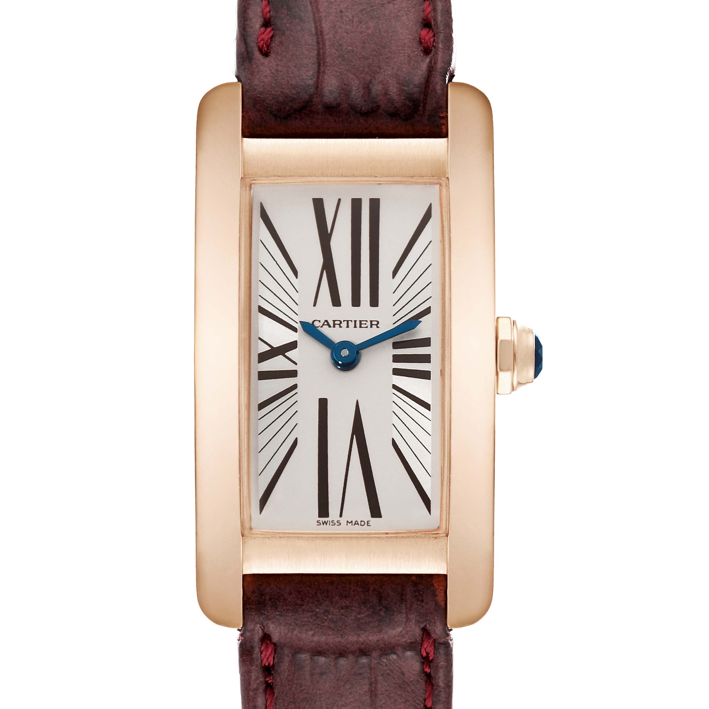 This Cartier Tank Americaine W2607056 Women's Rose Gold Silver Dial W2607056 Women's Rose Gold Silver Dial watch is shown from the front, displaying its rectangular face, Roman numerals, and brown leather strap.