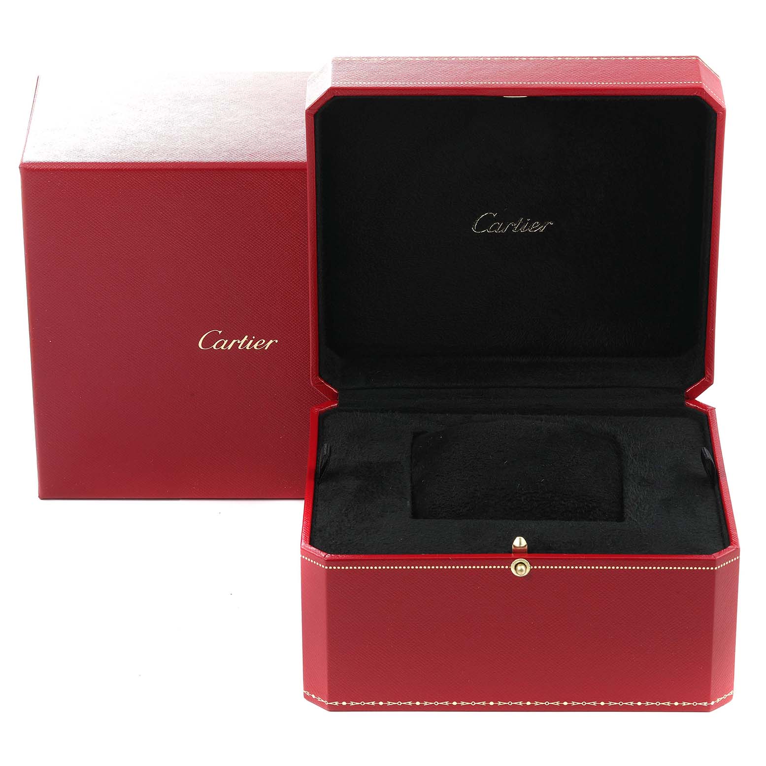 The image shows a red Cartier box for the Tank Louis model watch, with the box open and another red cover box behind it.