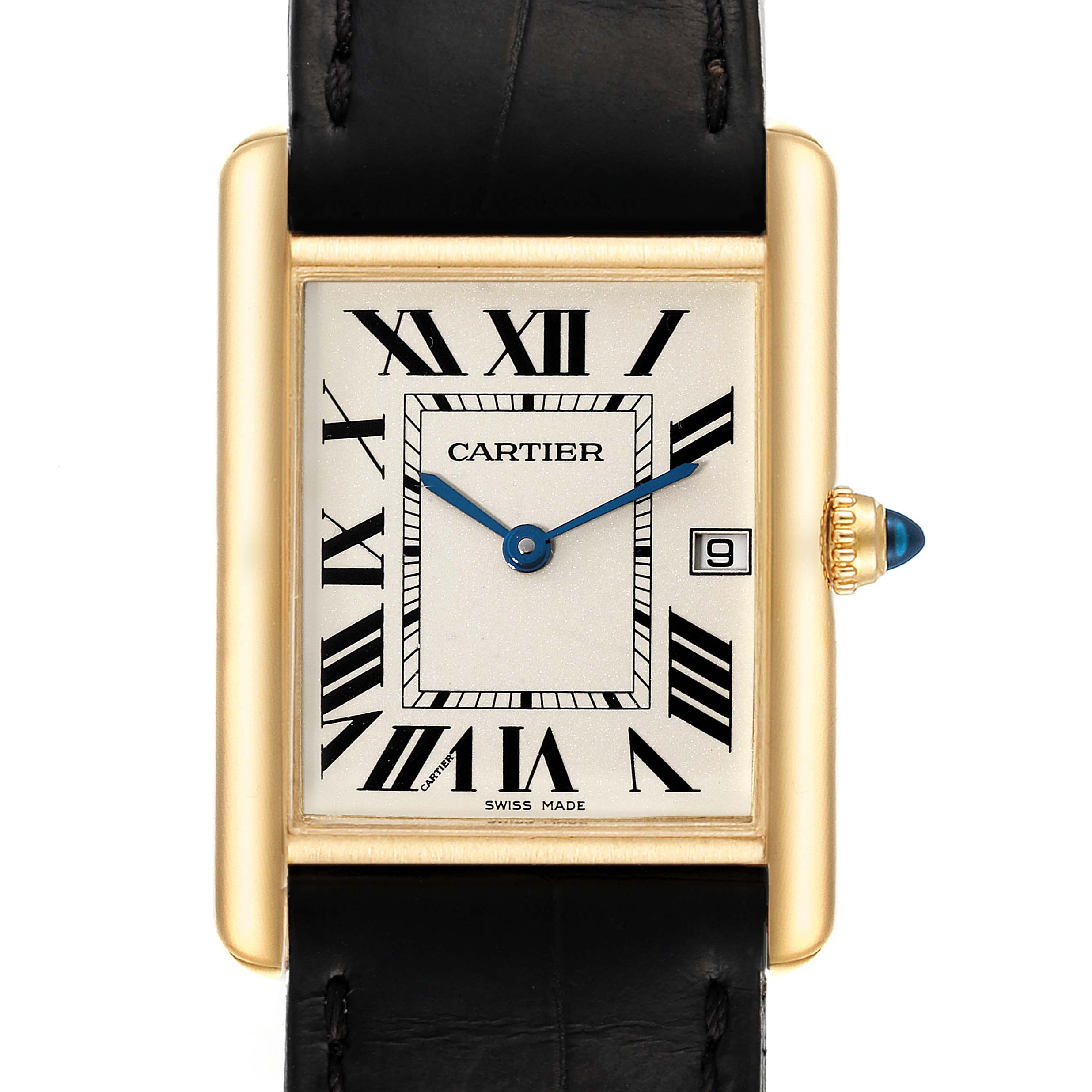 The image shows a front view of the Cartier Tank Louis W1529756 Men
s Yellow Gold Silver Dial W1529756 Men
s Yellow Gold Silver Dial watch, featuring a gold case, leather strap, Roman numerals, and a blue cabochon crown.