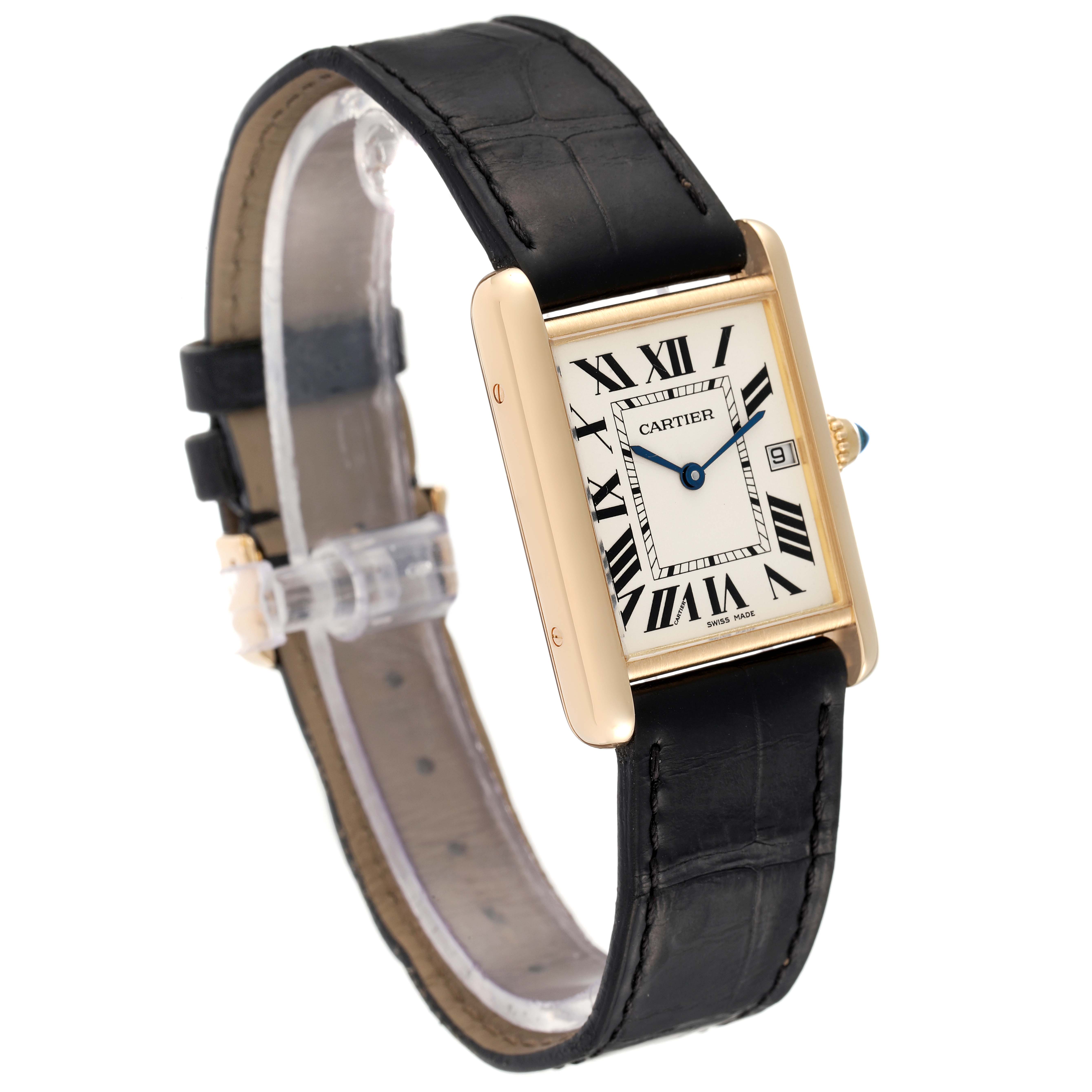 The image displays a Tank Louis Cartier watch from an angled view, showing the face, case, and black leather strap.