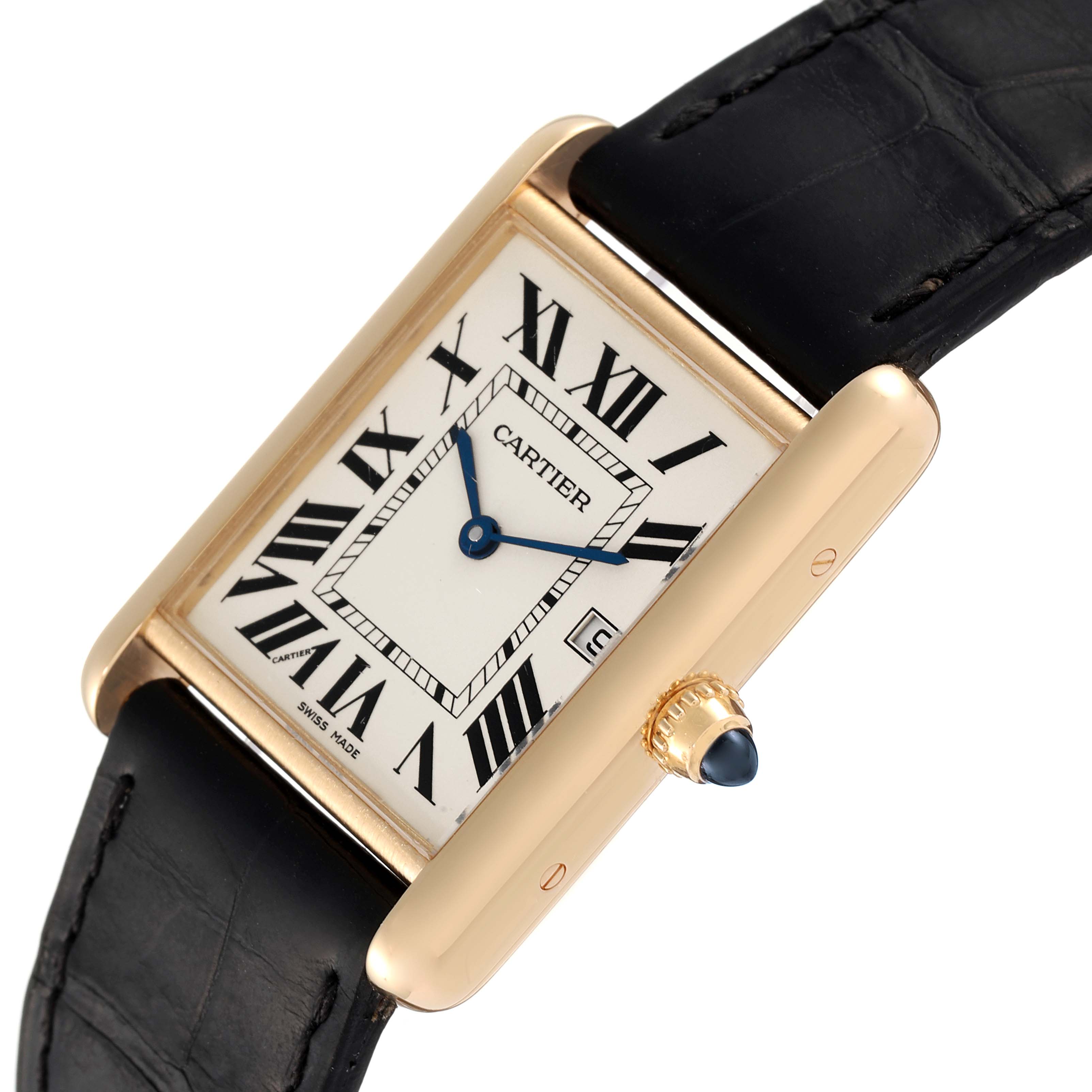 The Tank Louis Cartier watch is shown at a slight angle, highlighting its face, bezel, crown, and black strap.